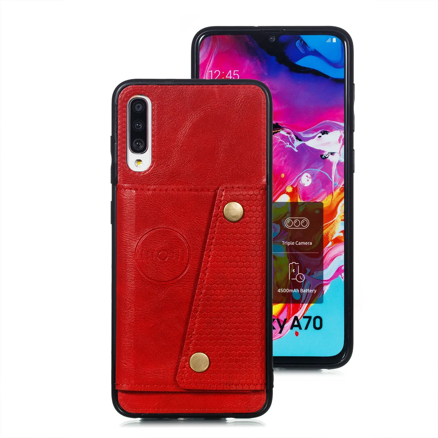 For Samsung A70 Double Buckle Non-slip Shockproof Cell Phone Case with Card Slot Bracket Light Brown