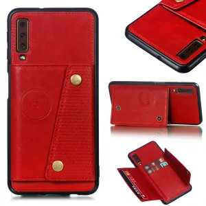 For Samsung A750/A7 2018 Double Buckle Non-slip Shockproof Cell Phone Case with Card Slot Bracket red