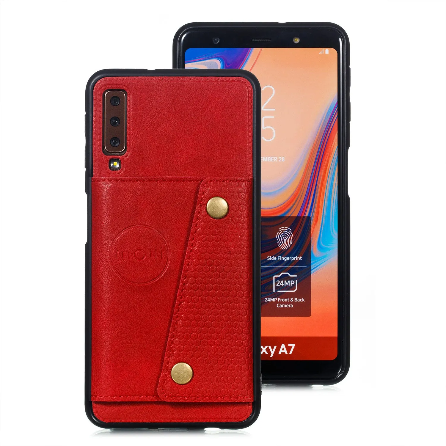 For Samsung A750/A7 2018 Double Buckle Non-slip Shockproof Cell Phone Case with Card Slot Bracket red