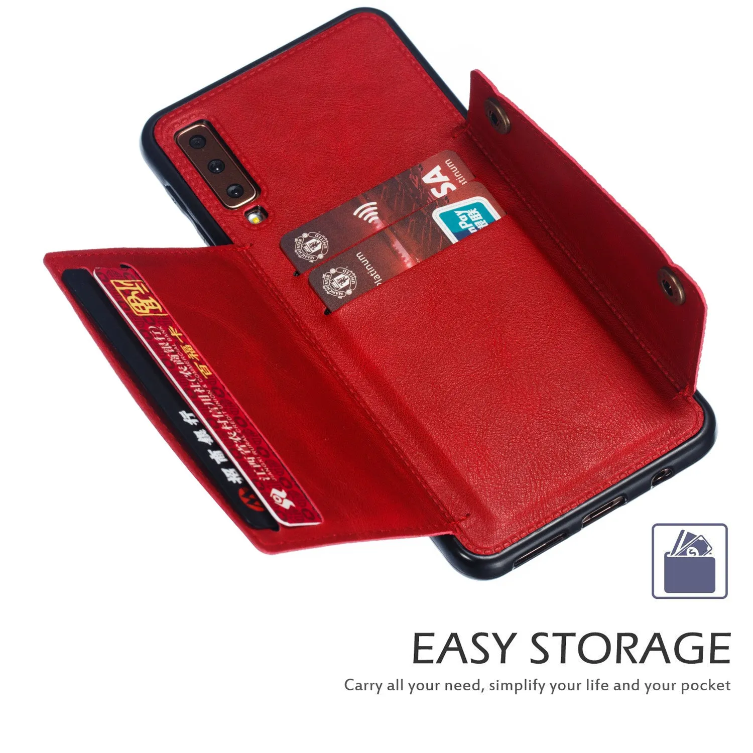 For Samsung A750/A7 2018 Double Buckle Non-slip Shockproof Cell Phone Case with Card Slot Bracket red