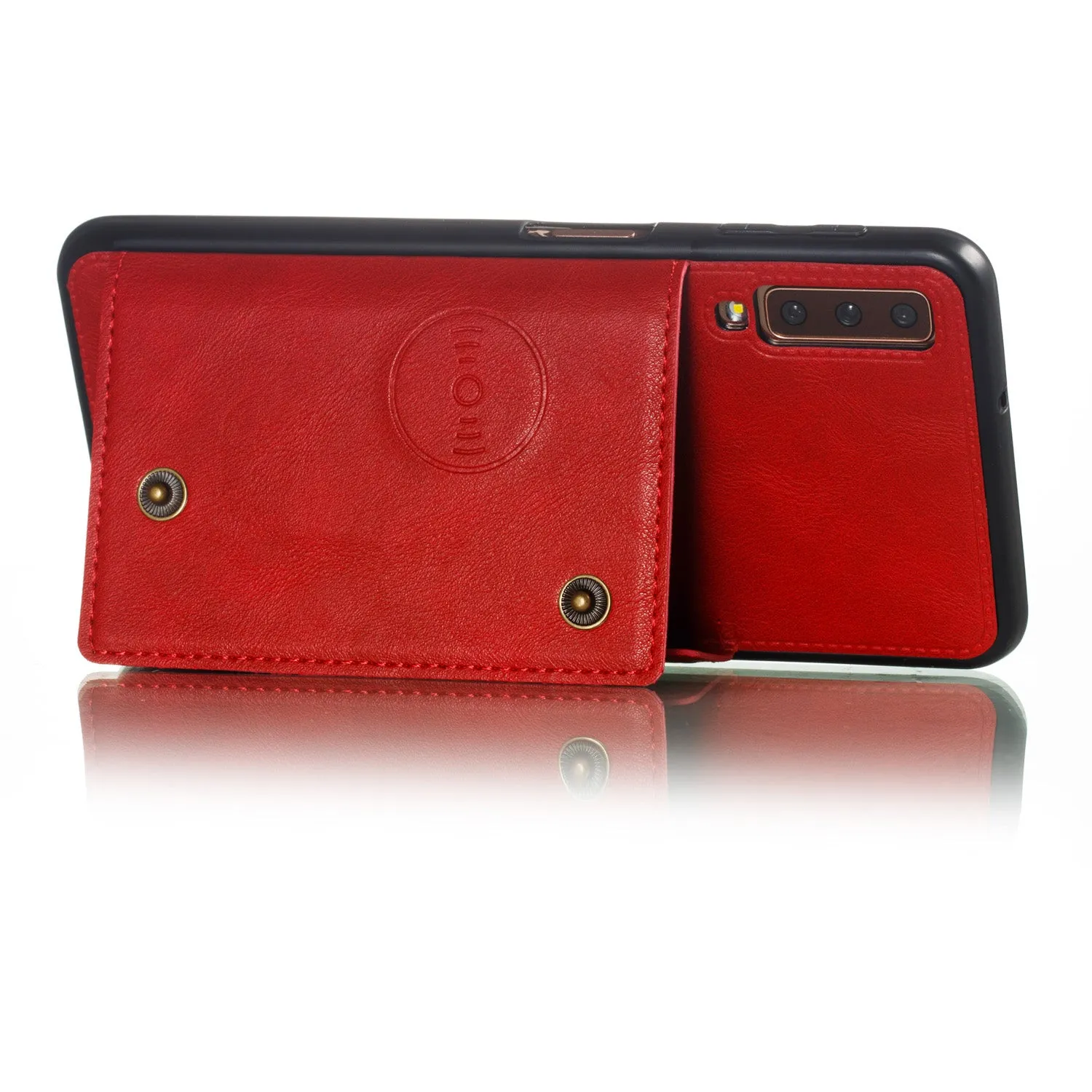 For Samsung A750/A7 2018 Double Buckle Non-slip Shockproof Cell Phone Case with Card Slot Bracket red