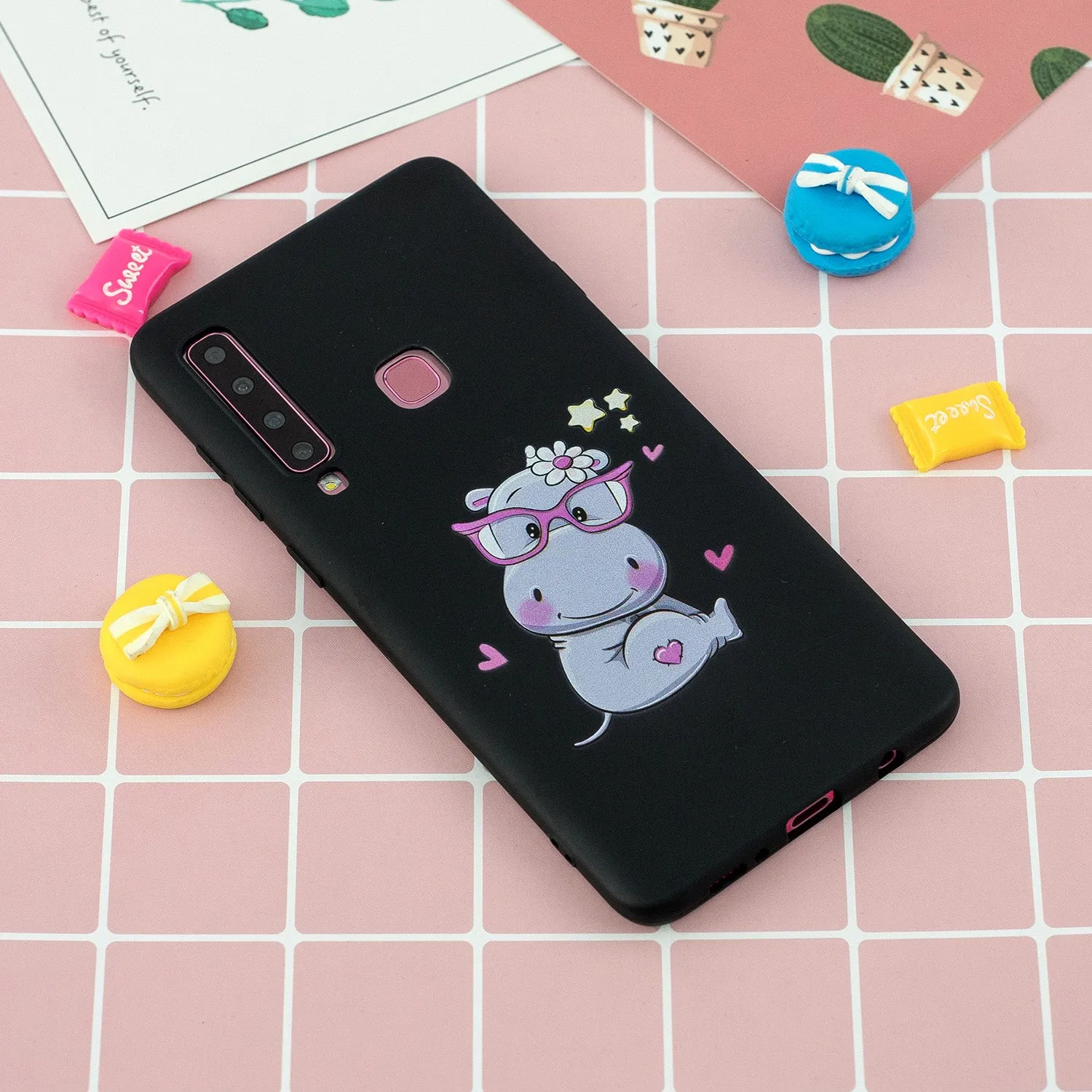 For Samsung A9 2018 Cartoon Lovely Coloured Painted Soft TPU Back Cover Non-slip Shockproof Full Protective Case with Lanyard black