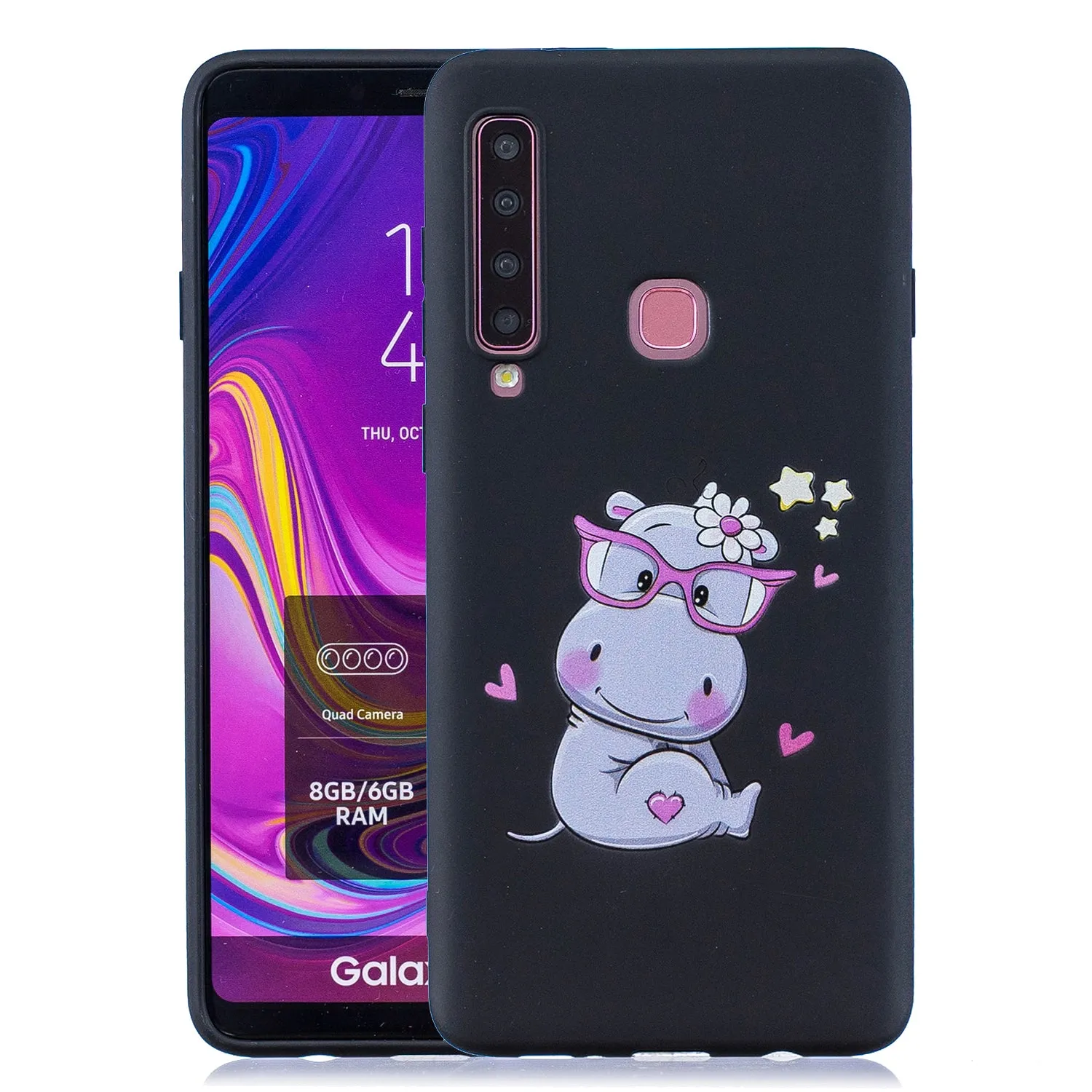 For Samsung A9 2018 Cartoon Lovely Coloured Painted Soft TPU Back Cover Non-slip Shockproof Full Protective Case with Lanyard black