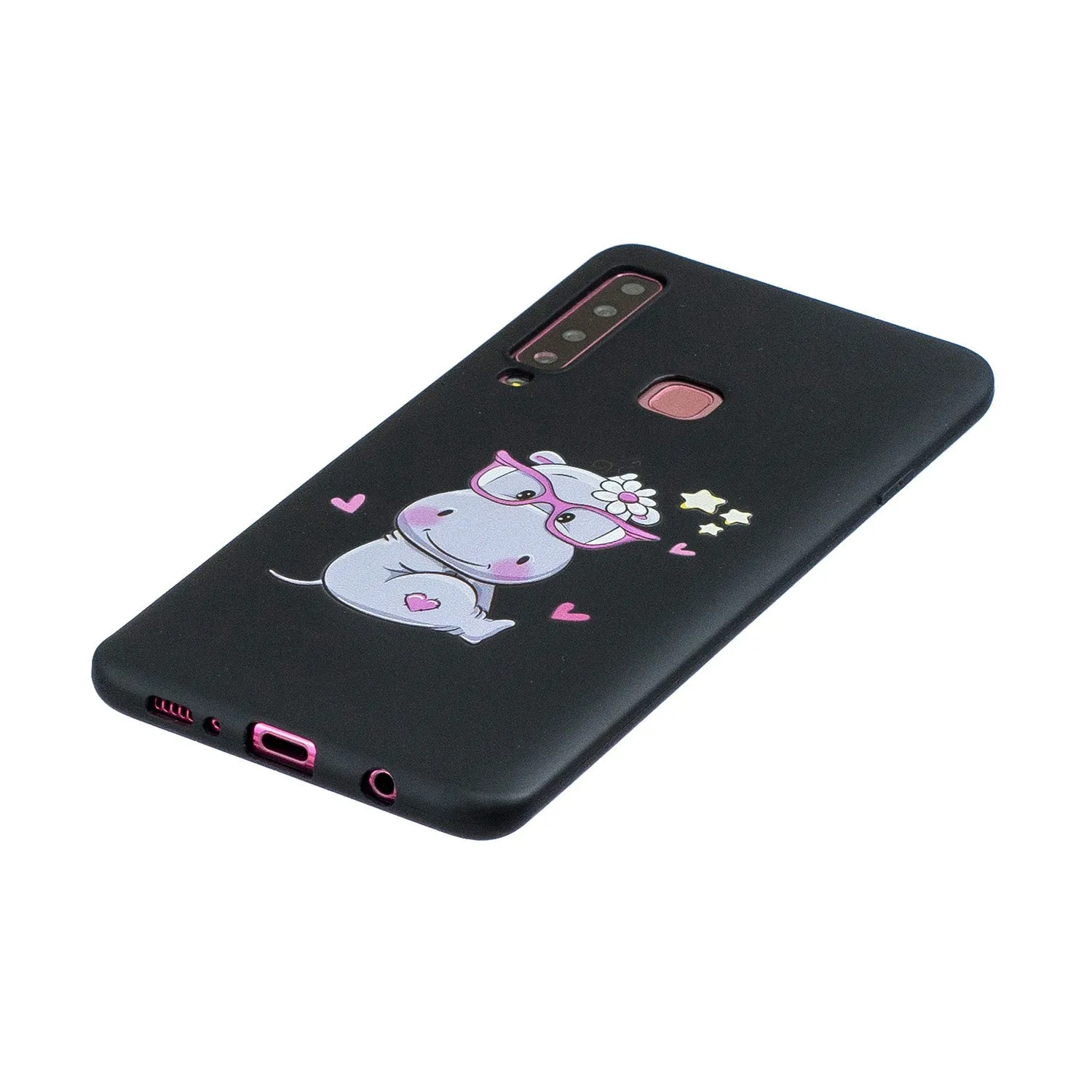 For Samsung A9 2018 Cartoon Lovely Coloured Painted Soft TPU Back Cover Non-slip Shockproof Full Protective Case with Lanyard black