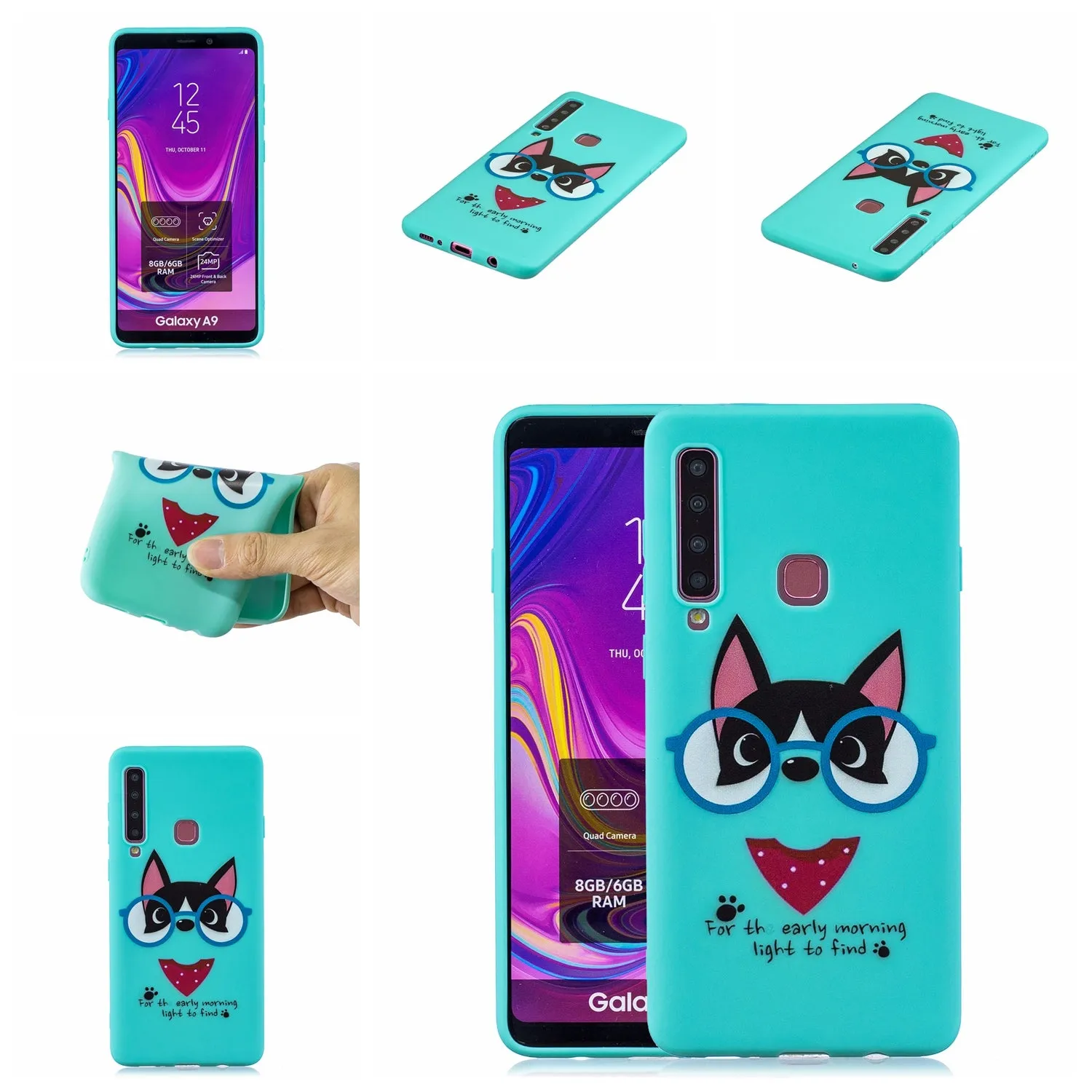 For Samsung A9 2018 Cartoon Lovely Coloured Painted Soft TPU Back Cover Non-slip Shockproof Full Protective Case with Lanyard Light blue
