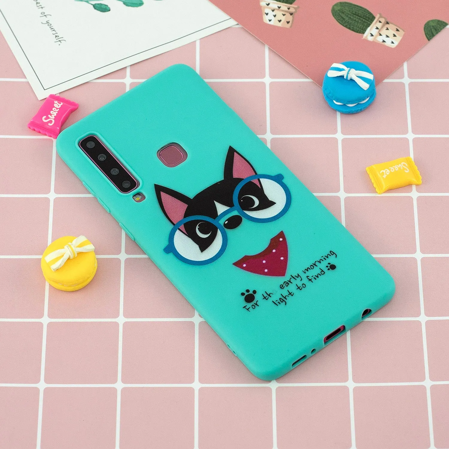 For Samsung A9 2018 Cartoon Lovely Coloured Painted Soft TPU Back Cover Non-slip Shockproof Full Protective Case with Lanyard Light blue