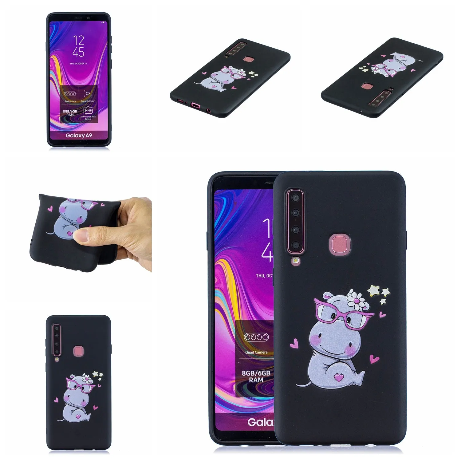 For Samsung A9 2018 Cartoon Lovely Coloured Painted Soft TPU Back Cover Non-slip Shockproof Full Protective Case with Lanyard Light blue
