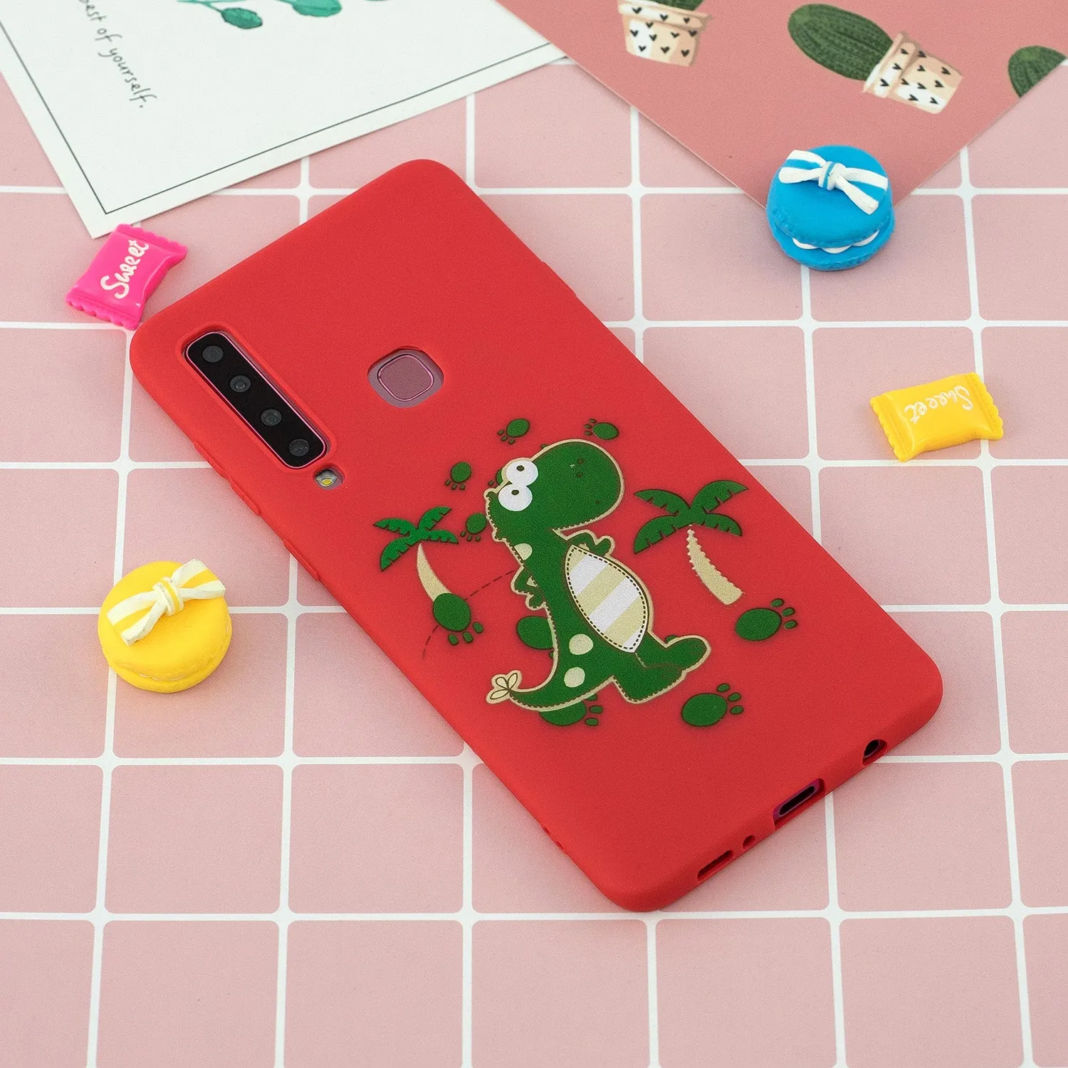 For Samsung A9 2018 Cartoon Lovely Coloured Painted Soft TPU Back Cover Non-slip Shockproof Full Protective Case with Lanyard red