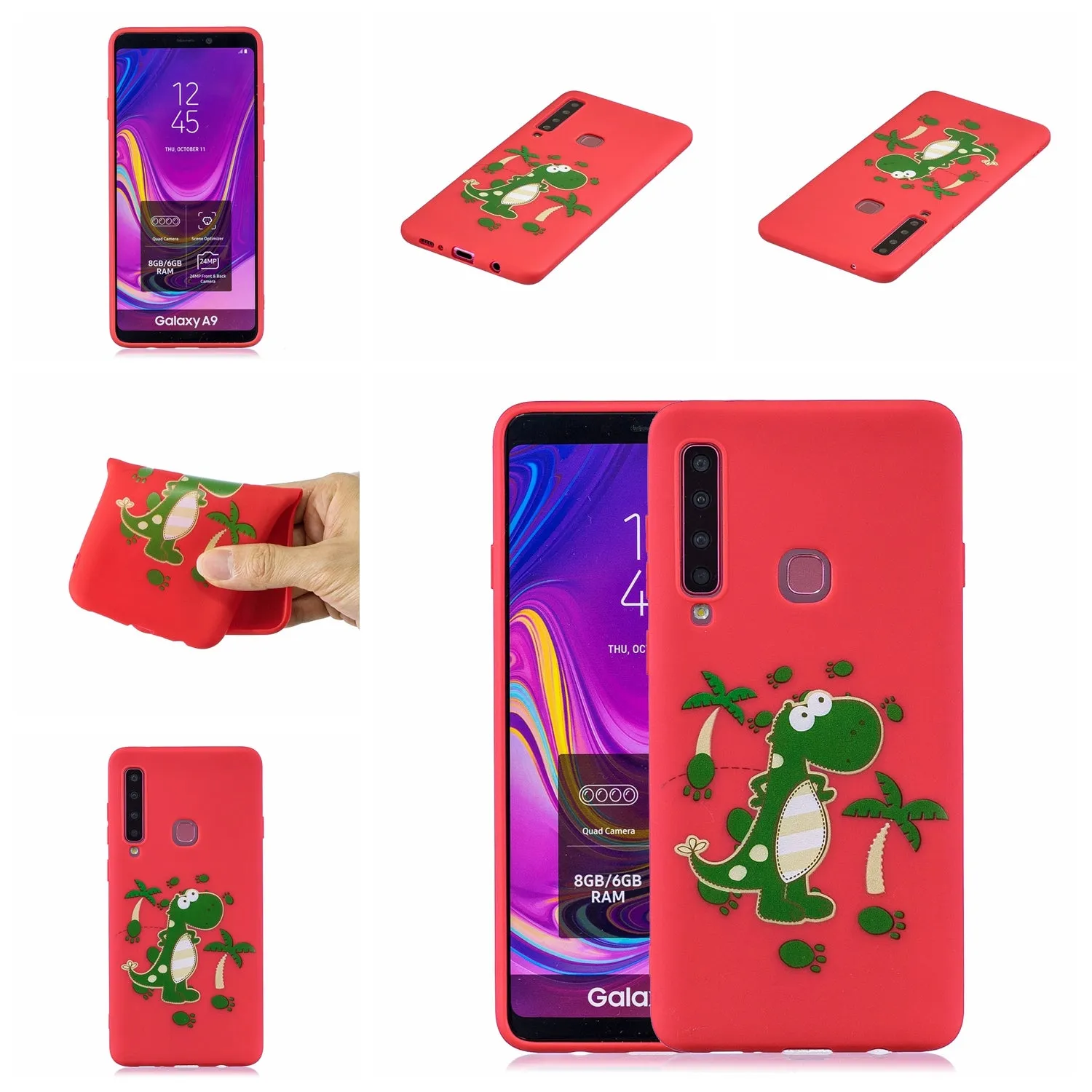 For Samsung A9 2018 Cartoon Lovely Coloured Painted Soft TPU Back Cover Non-slip Shockproof Full Protective Case with Lanyard red