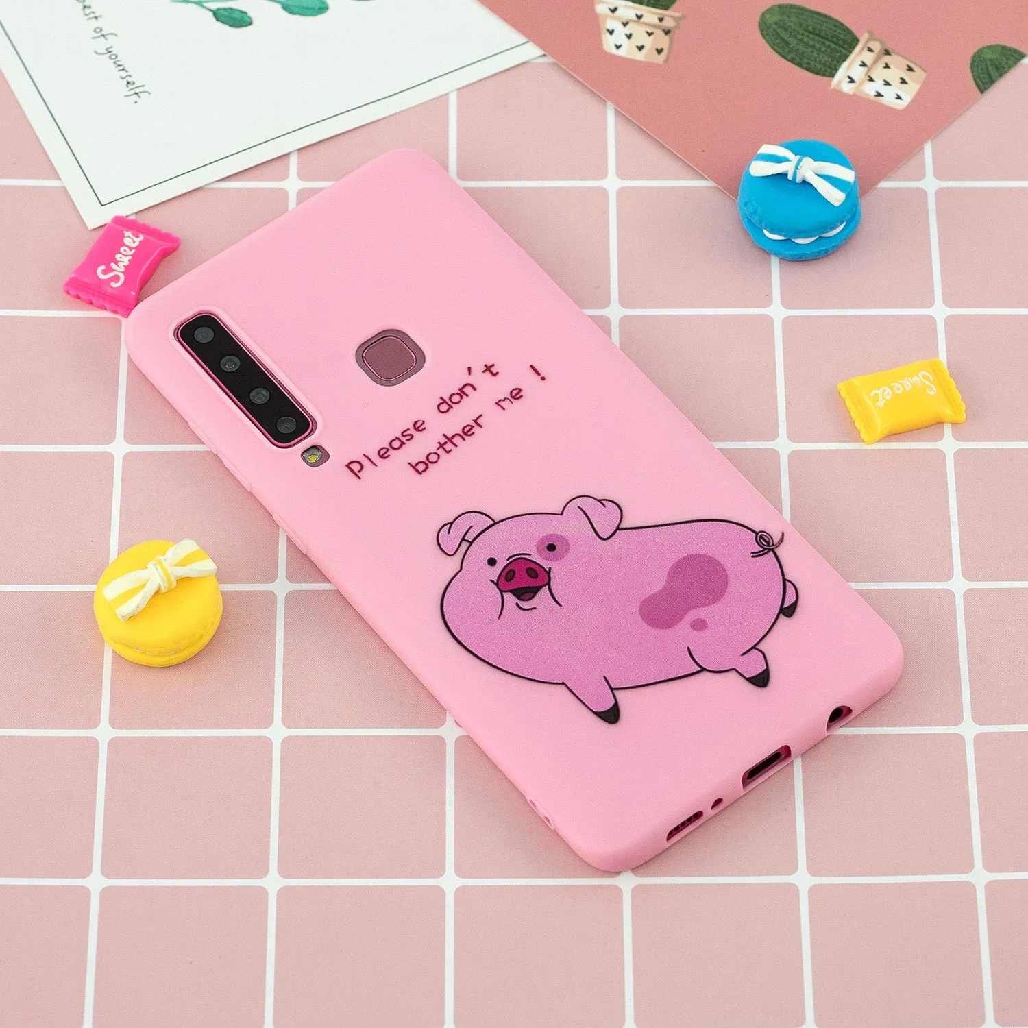 For Samsung A9 2018 Cartoon Lovely Coloured Painted Soft TPU Back Cover Non-slip Shockproof Full Protective Case with Lanyard Rose red