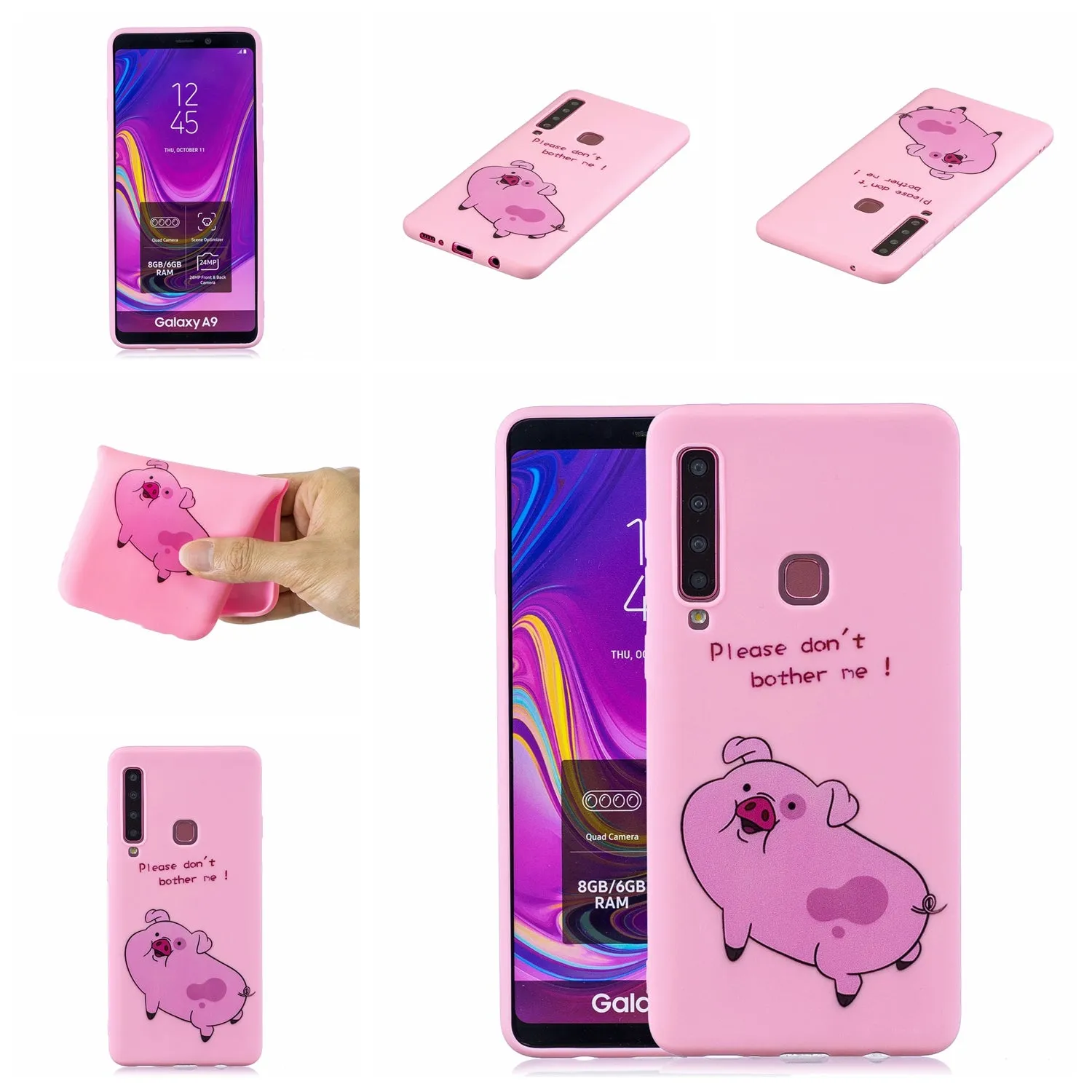 For Samsung A9 2018 Cartoon Lovely Coloured Painted Soft TPU Back Cover Non-slip Shockproof Full Protective Case with Lanyard Rose red