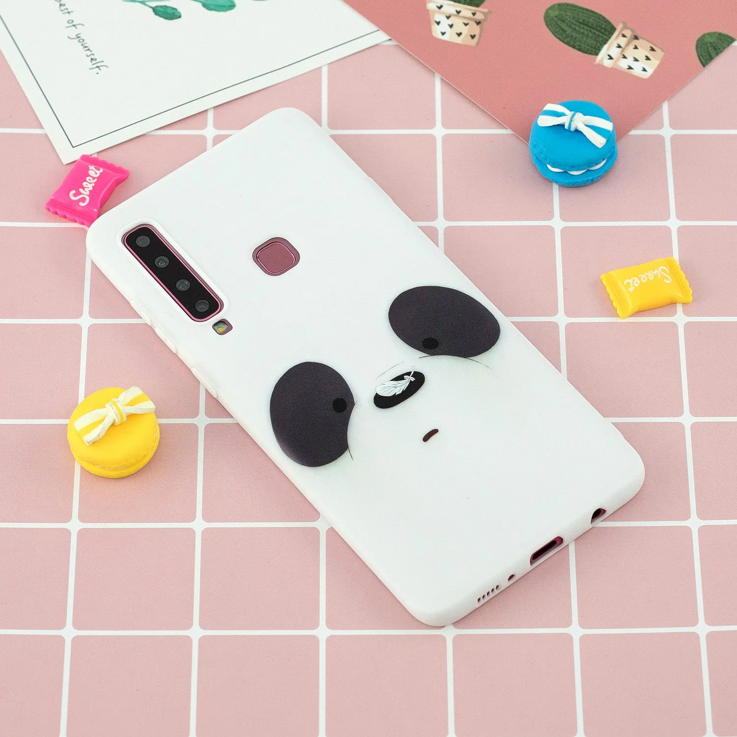 For Samsung A9 2018 Cartoon Lovely Coloured Painted Soft TPU Back Cover Non-slip Shockproof Full Protective Case with Lanyard white