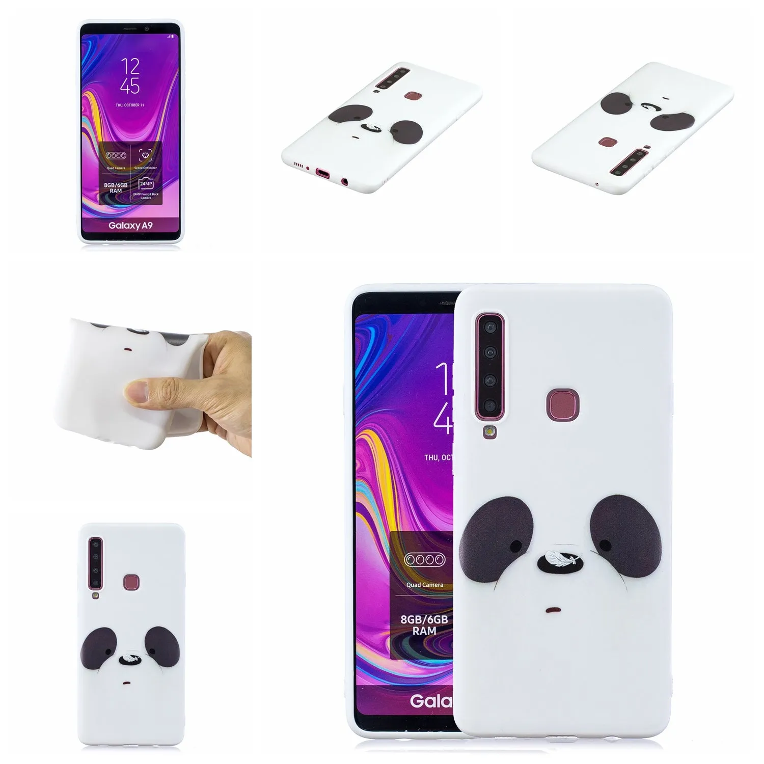 For Samsung A9 2018 Cartoon Lovely Coloured Painted Soft TPU Back Cover Non-slip Shockproof Full Protective Case with Lanyard white