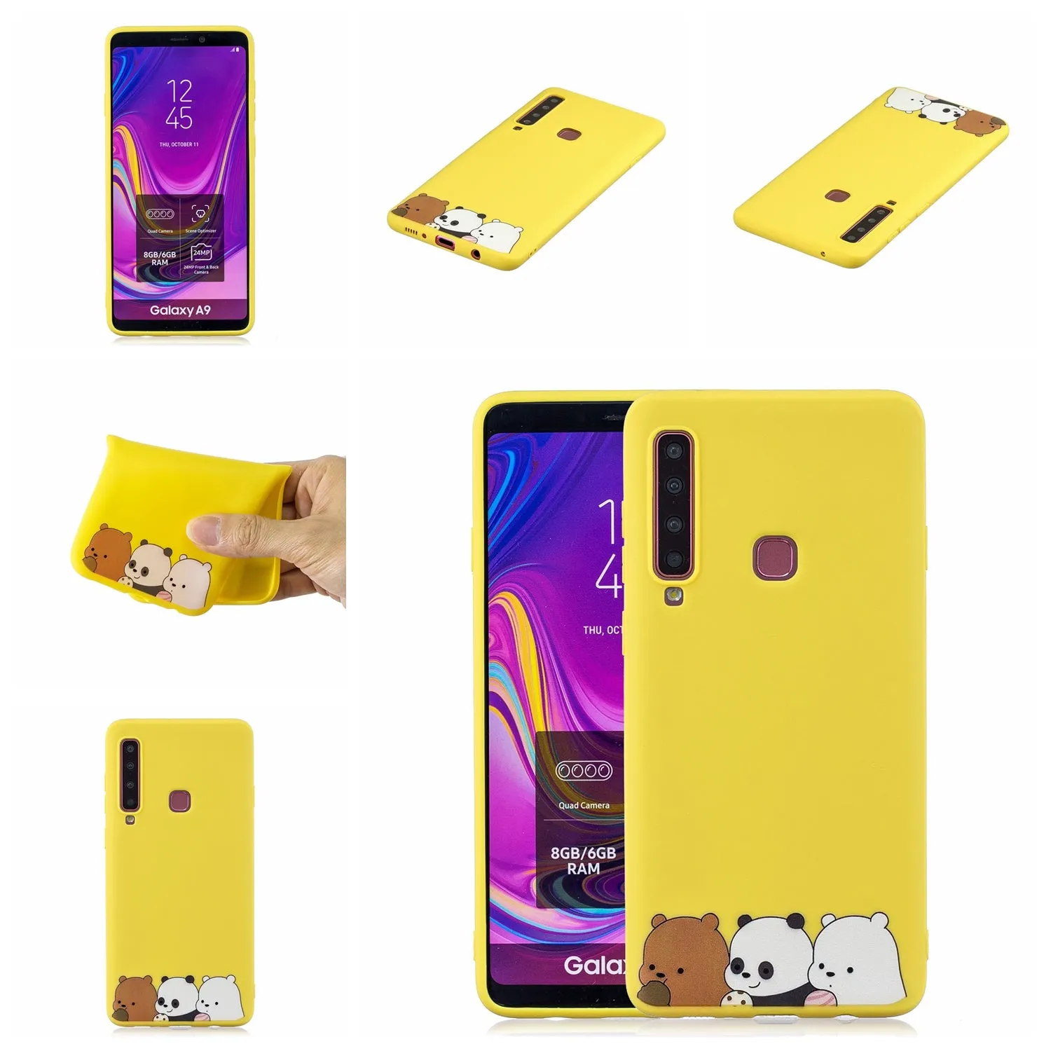 For Samsung A9 2018 Cartoon Lovely Coloured Painted Soft TPU Back Cover Non-slip Shockproof Full Protective Case with Lanyard yellow