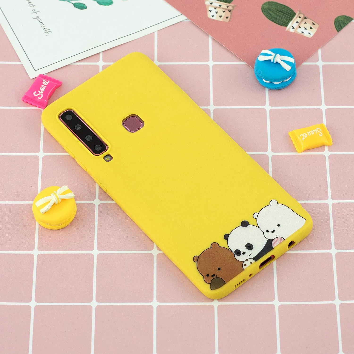 For Samsung A9 2018 Cartoon Lovely Coloured Painted Soft TPU Back Cover Non-slip Shockproof Full Protective Case with Lanyard yellow
