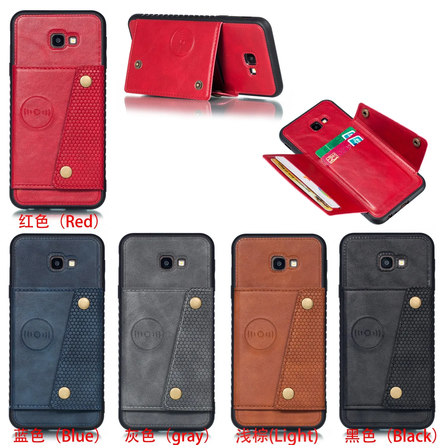 For Samsung J4 PLUS PU Protective Phone Back Case with Card Slot Bracket red
