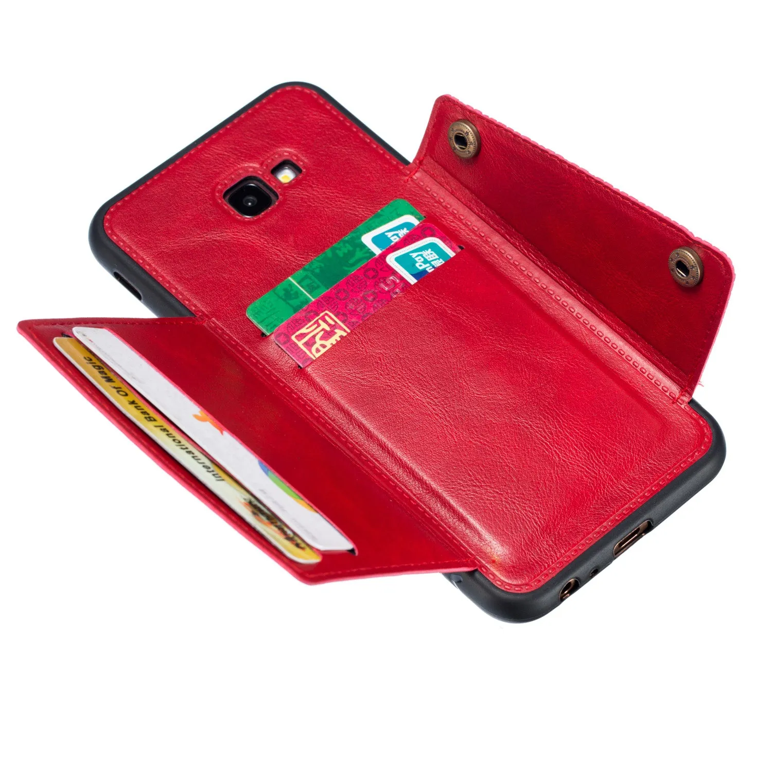For Samsung J4 PLUS PU Protective Phone Back Case with Card Slot Bracket red