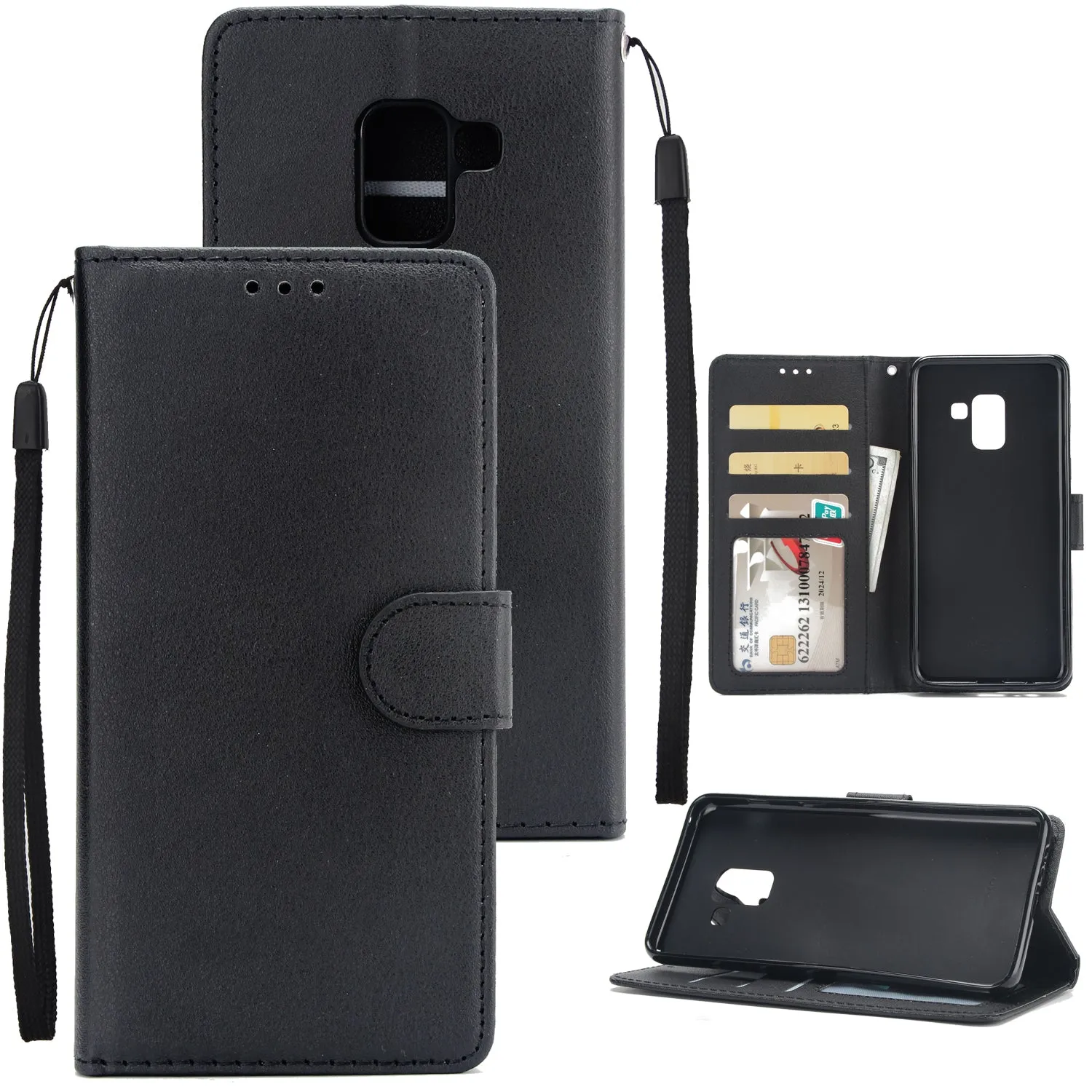 For Samsung J6 2018 PU Cell Phone Case Non-slip Shockproof Protective Case with Card Slot  black