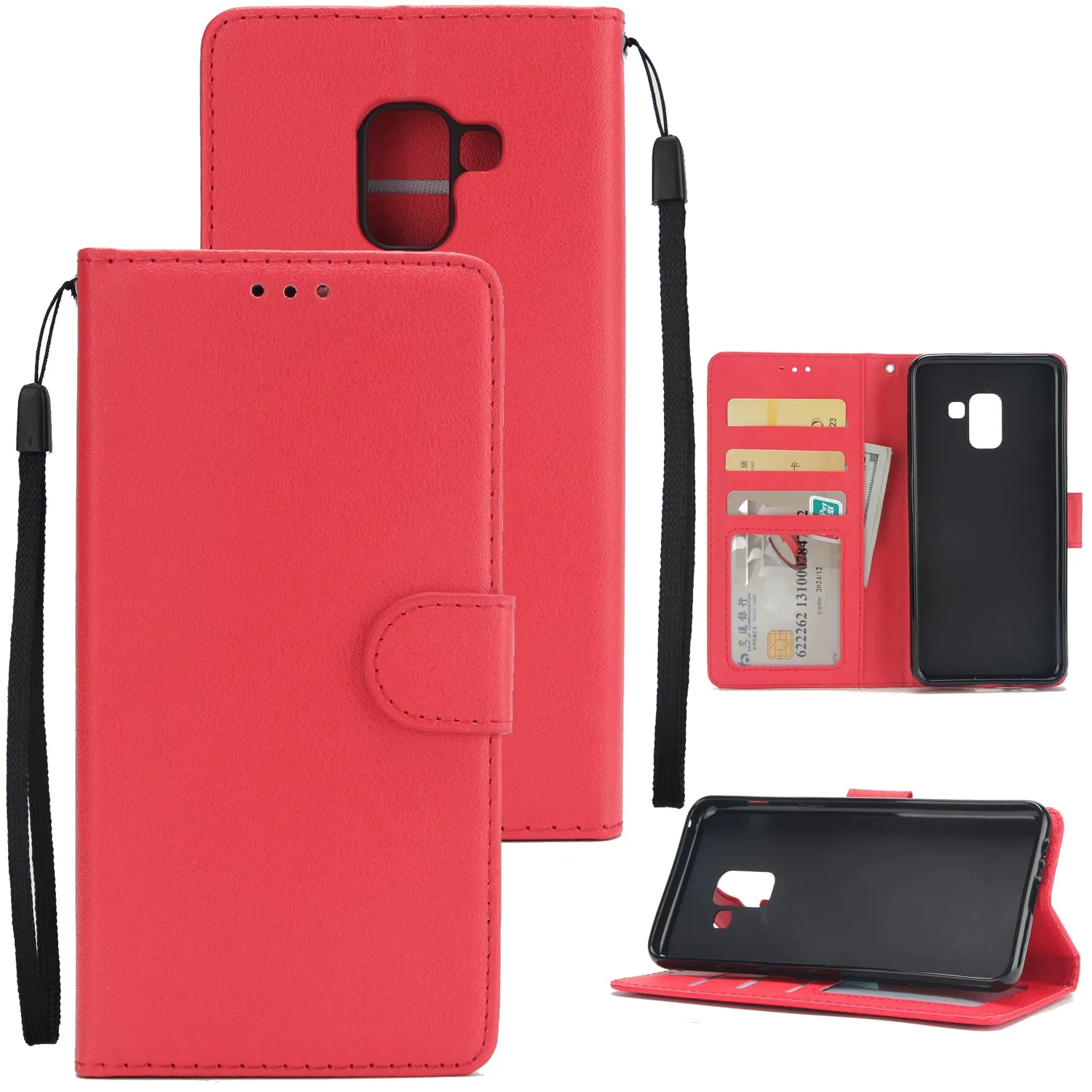 For Samsung J6 2018 PU Cell Phone Case Non-slip Shockproof Protective Case with Card Slot  red