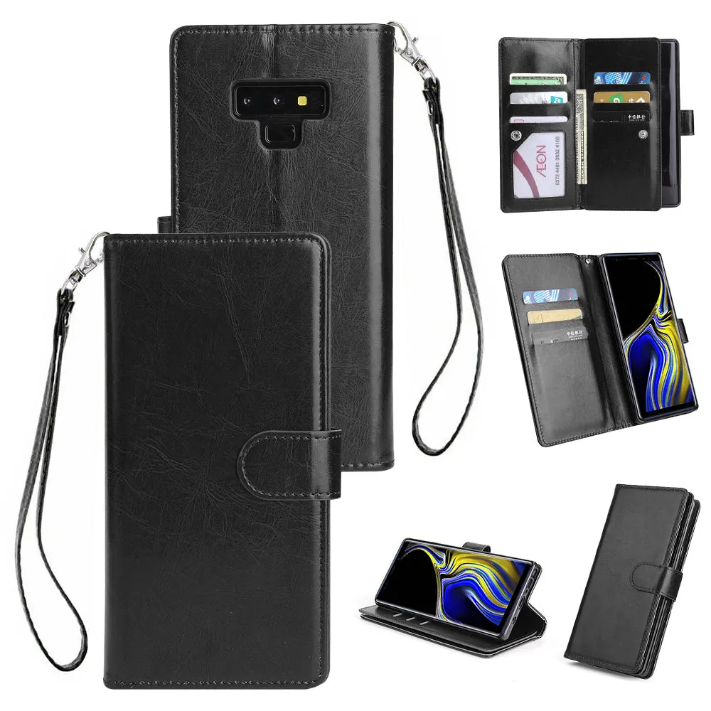For Samsung Note 9 PU Full Protective Cover with 9 Card Slot Lanyard Bracket Buckle brown