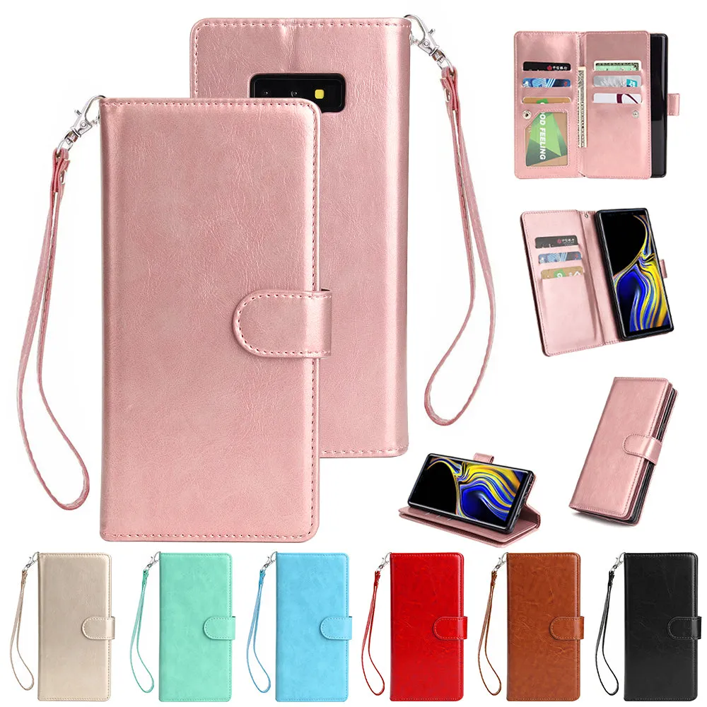 For Samsung Note 9 PU Full Protective Cover with 9 Card Slot Lanyard Bracket Buckle Rose gold
