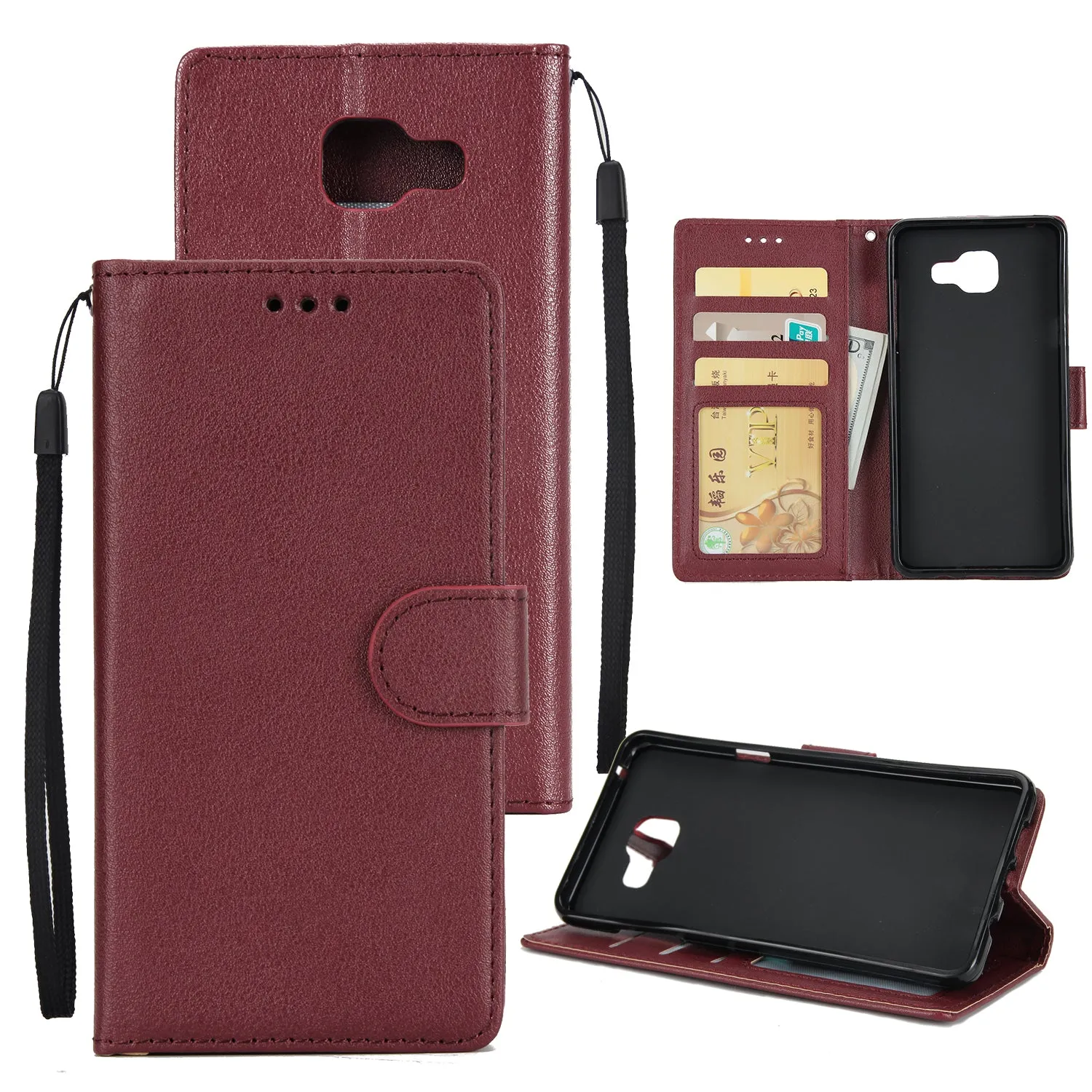 For Samsung On7-2016/J7 Prime Protective Cover PU Cell Phone Case with Card Slot  wine Red