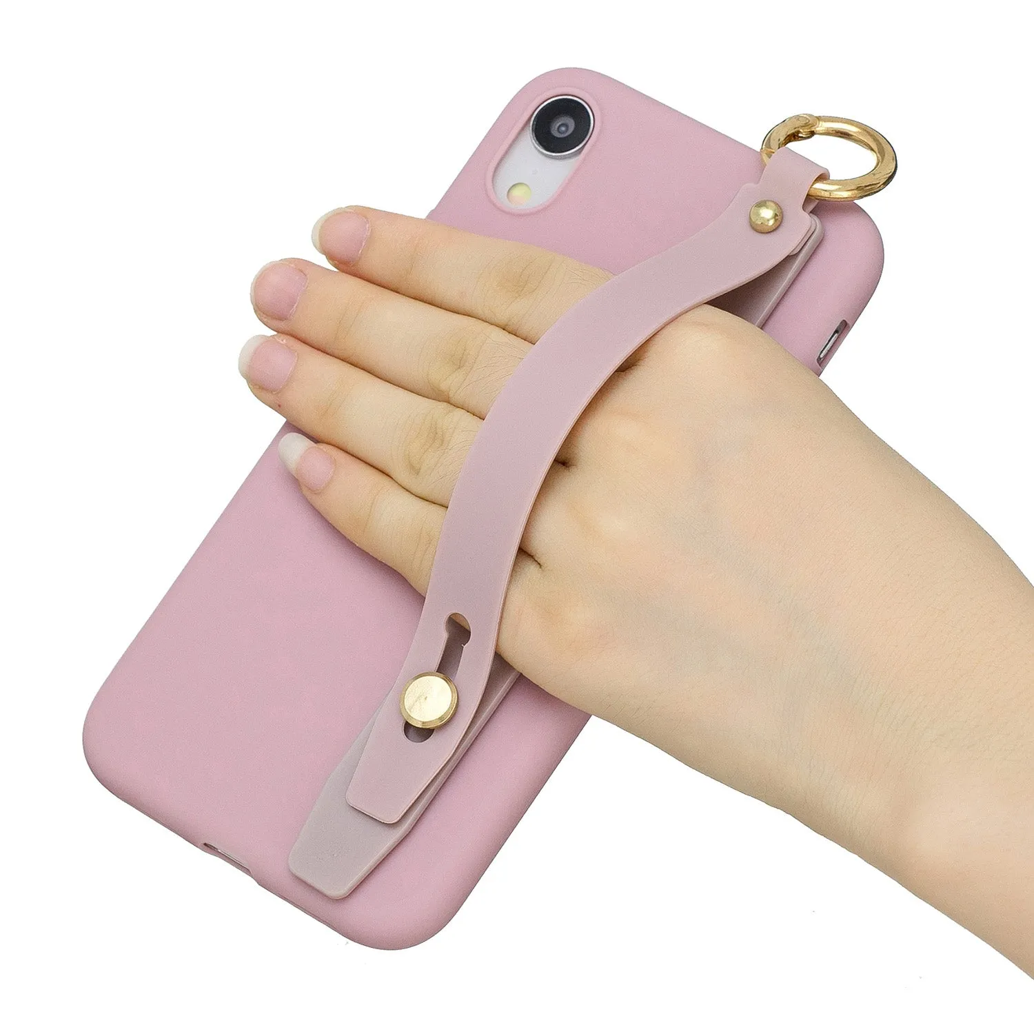 For VIVO V15 Simple Solid Color Chic Wrist Rope Bracket Matte TPU Anti-scratch Non-slip Protective Cover Back Case 11 Lotus pink