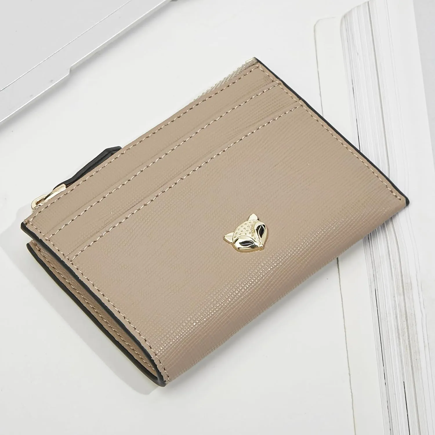 FOXLOVER Women's ID Cases Mini Card Case with Attached Key Ring，Lightweight coin pouch with id holder，Slim Minimalist Wallet（Apricot）