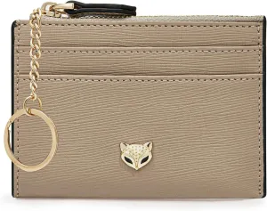 FOXLOVER Women's ID Cases Mini Card Case with Attached Key Ring，Lightweight coin pouch with id holder，Slim Minimalist Wallet（Apricot）