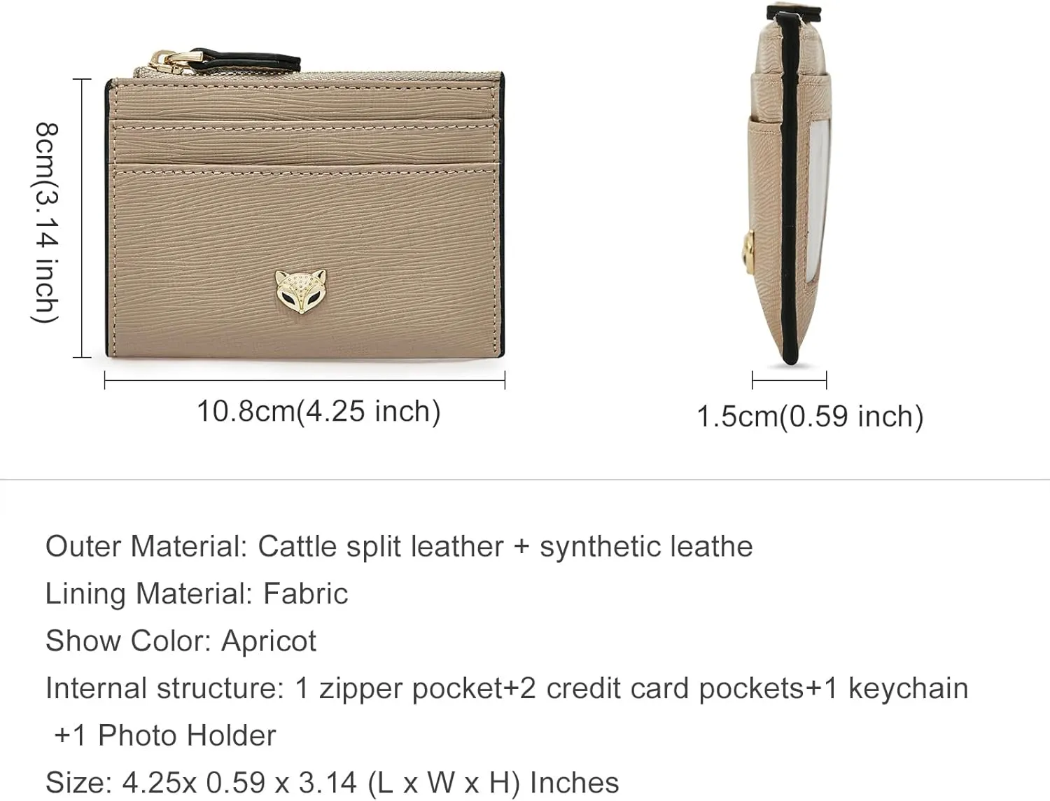 FOXLOVER Women's ID Cases Mini Card Case with Attached Key Ring，Lightweight coin pouch with id holder，Slim Minimalist Wallet（Apricot）