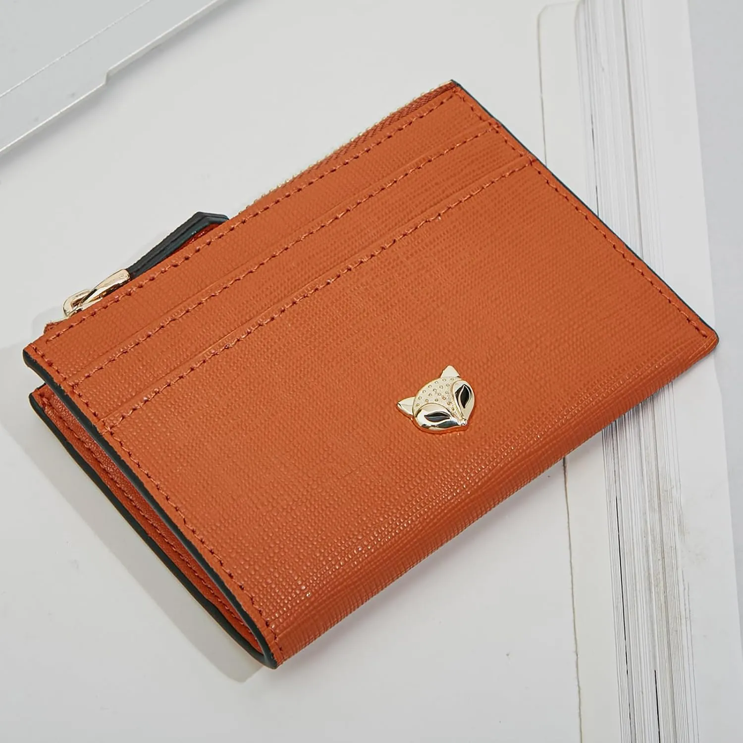 FOXLOVER Women's ID Cases Mini Card Case with Attached Key Ring，Lightweight coin pouch with id holder，Slim Minimalist Wallet（Orange）