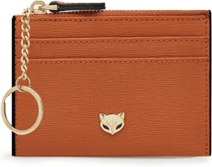FOXLOVER Women's ID Cases Mini Card Case with Attached Key Ring，Lightweight coin pouch with id holder，Slim Minimalist Wallet（Orange）