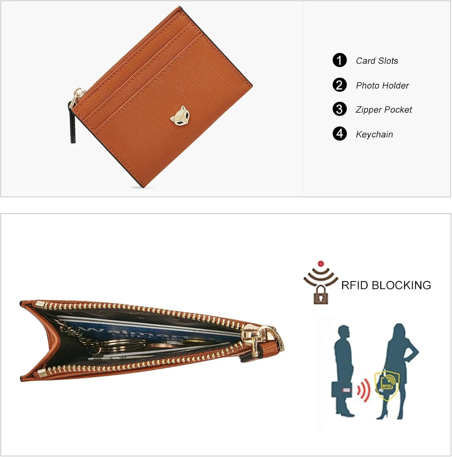 FOXLOVER Women's ID Cases Mini Card Case with Attached Key Ring，Lightweight coin pouch with id holder，Slim Minimalist Wallet（Orange）