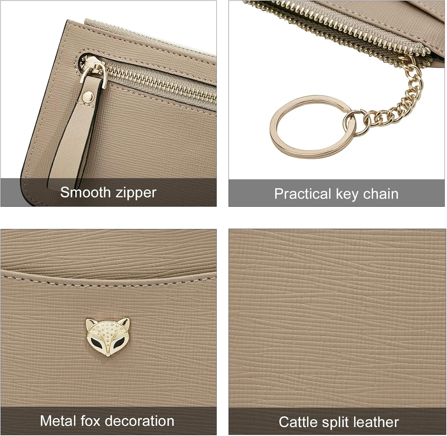 FOXLOVER Women's ID Cases Small Card Case with Attached Key Ring，Lightweight coin pouch with id holder，Slim Minimalist Wallet（Apricot）