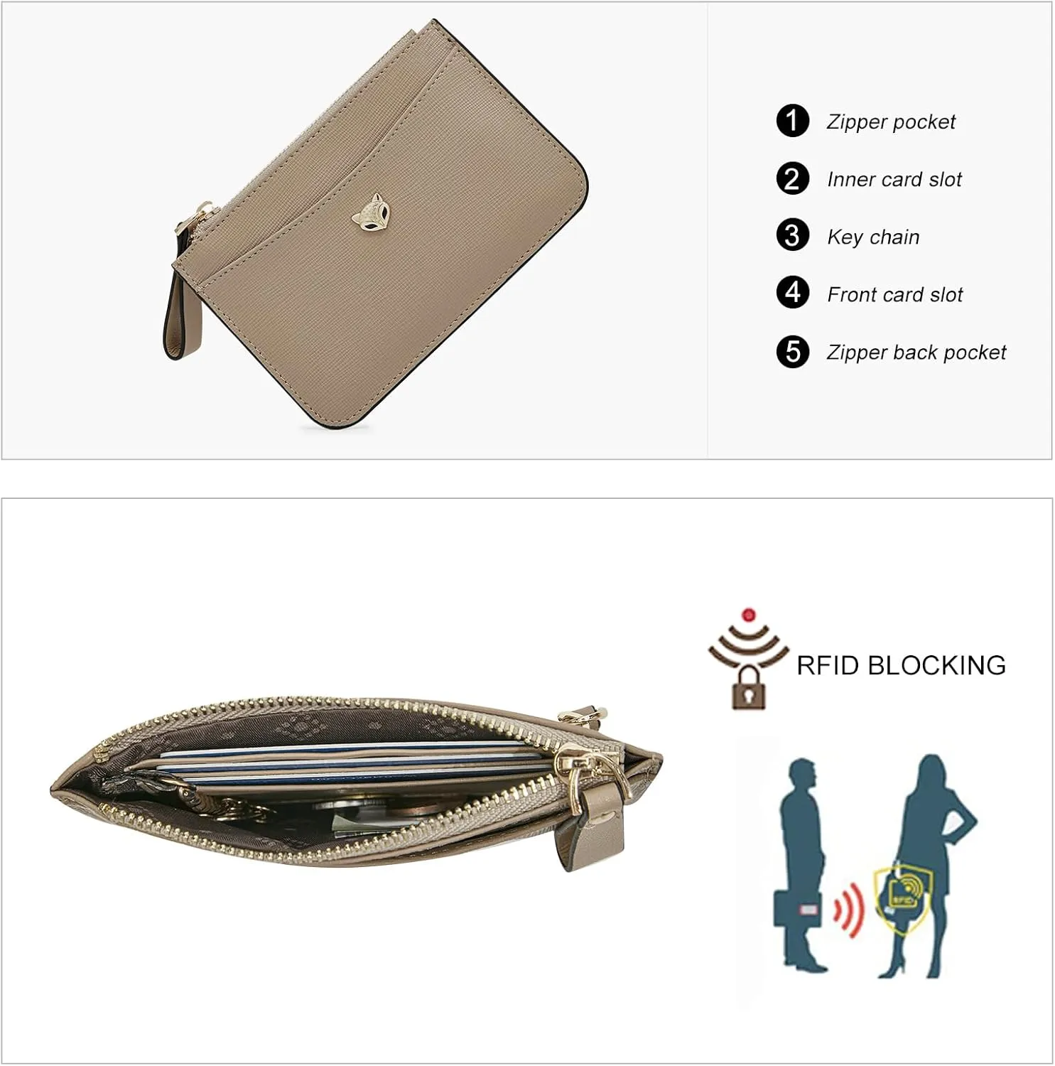 FOXLOVER Women's ID Cases Small Card Case with Attached Key Ring，Lightweight coin pouch with id holder，Slim Minimalist Wallet（Apricot）
