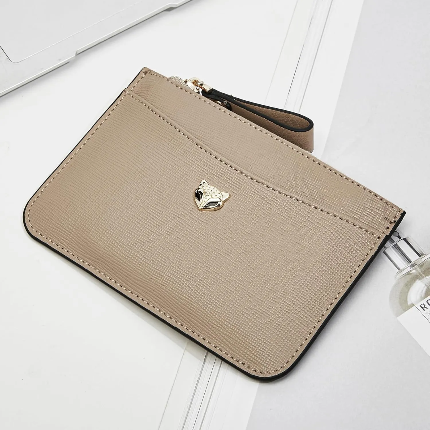 FOXLOVER Women's ID Cases Small Card Case with Attached Key Ring，Lightweight coin pouch with id holder，Slim Minimalist Wallet（Apricot）