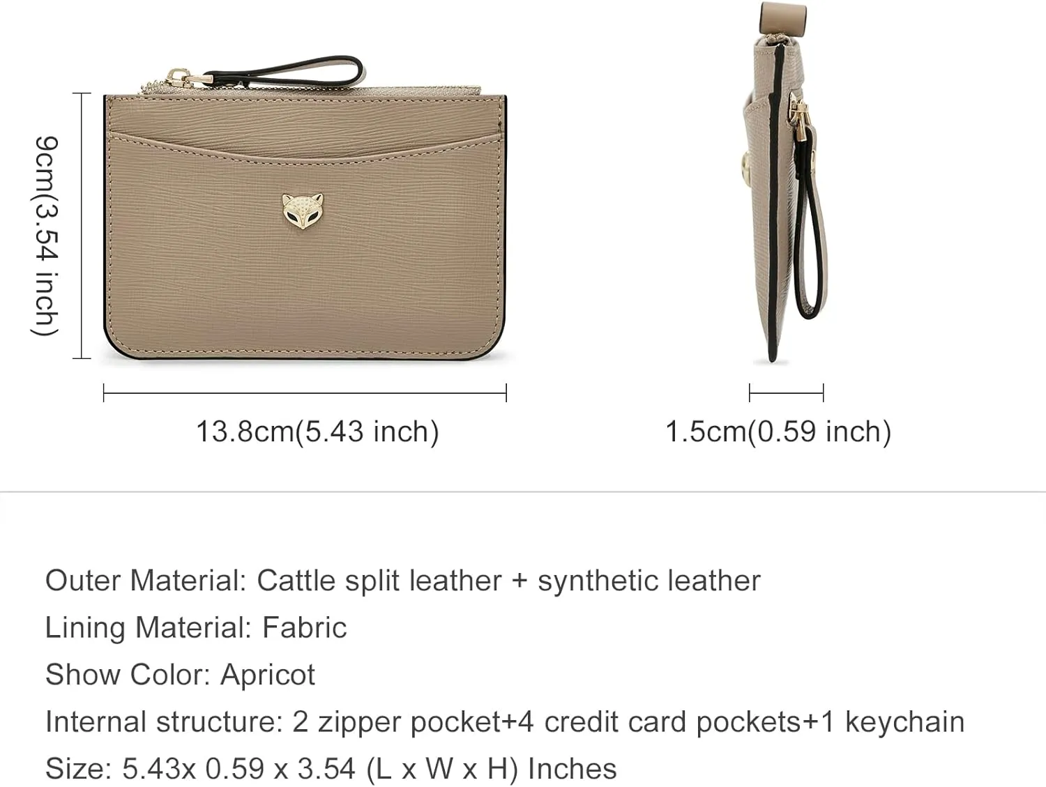 FOXLOVER Women's ID Cases Small Card Case with Attached Key Ring，Lightweight coin pouch with id holder，Slim Minimalist Wallet（Apricot）