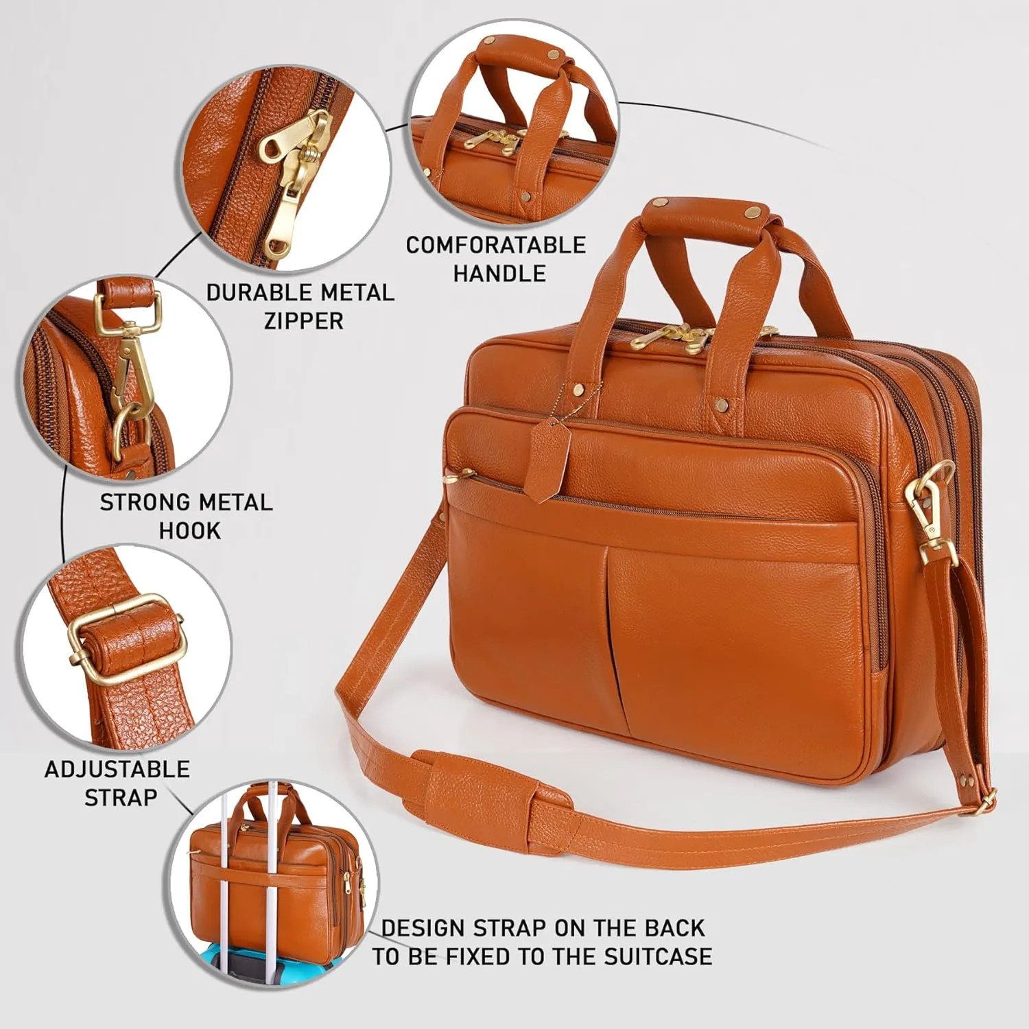 Full Grain Leather Briefcase for Men Top Choice Gifts Laptop Bag Multiple 16'' Compartments Brass Hardware