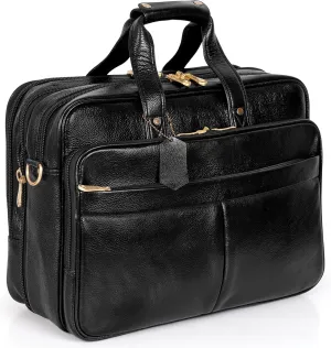 Full Grain Leather Briefcase for Men Top Choice Gifts Laptop Bag Multiple 16'' Compartments Brass Hardware