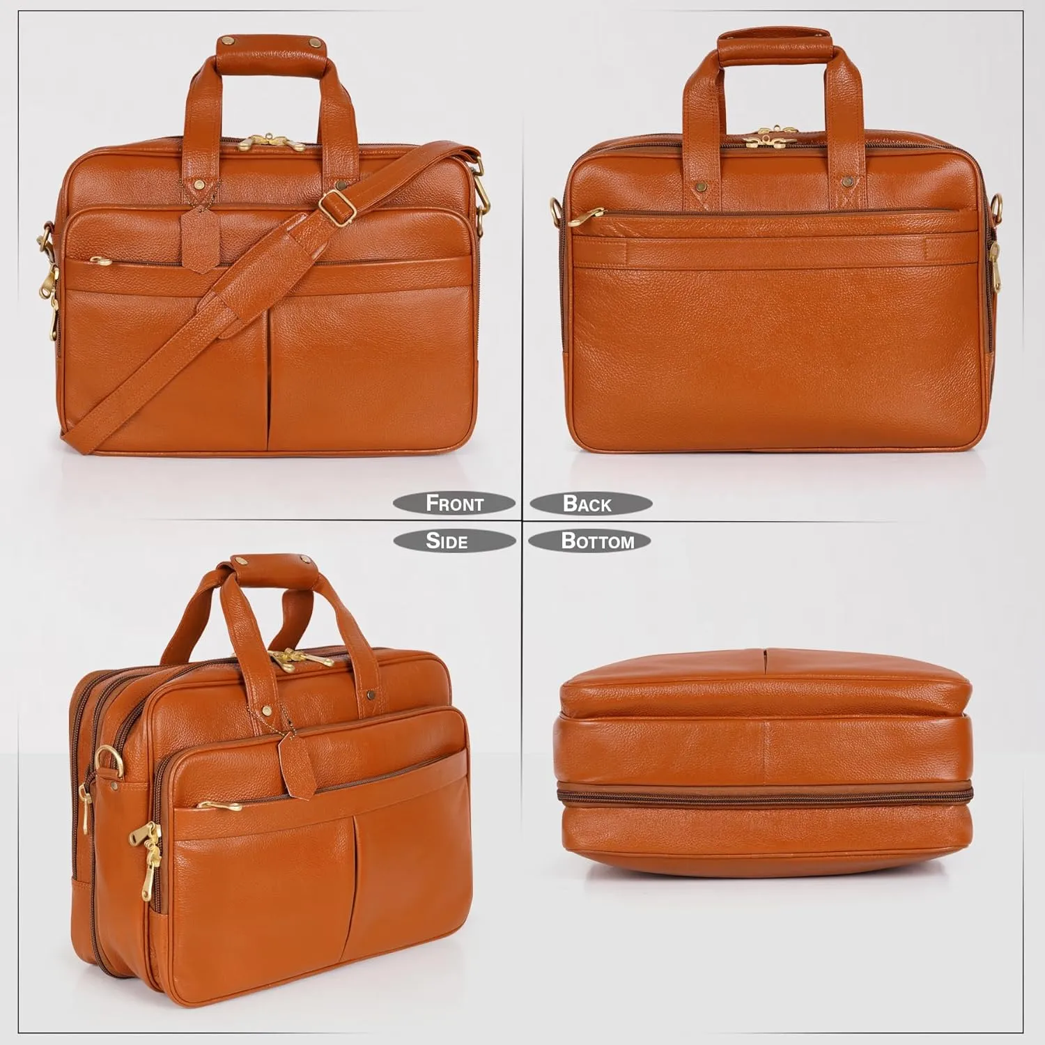Full Grain Leather Briefcase for Men Top Choice Gifts Laptop Bag Multiple 16'' Compartments Brass Hardware