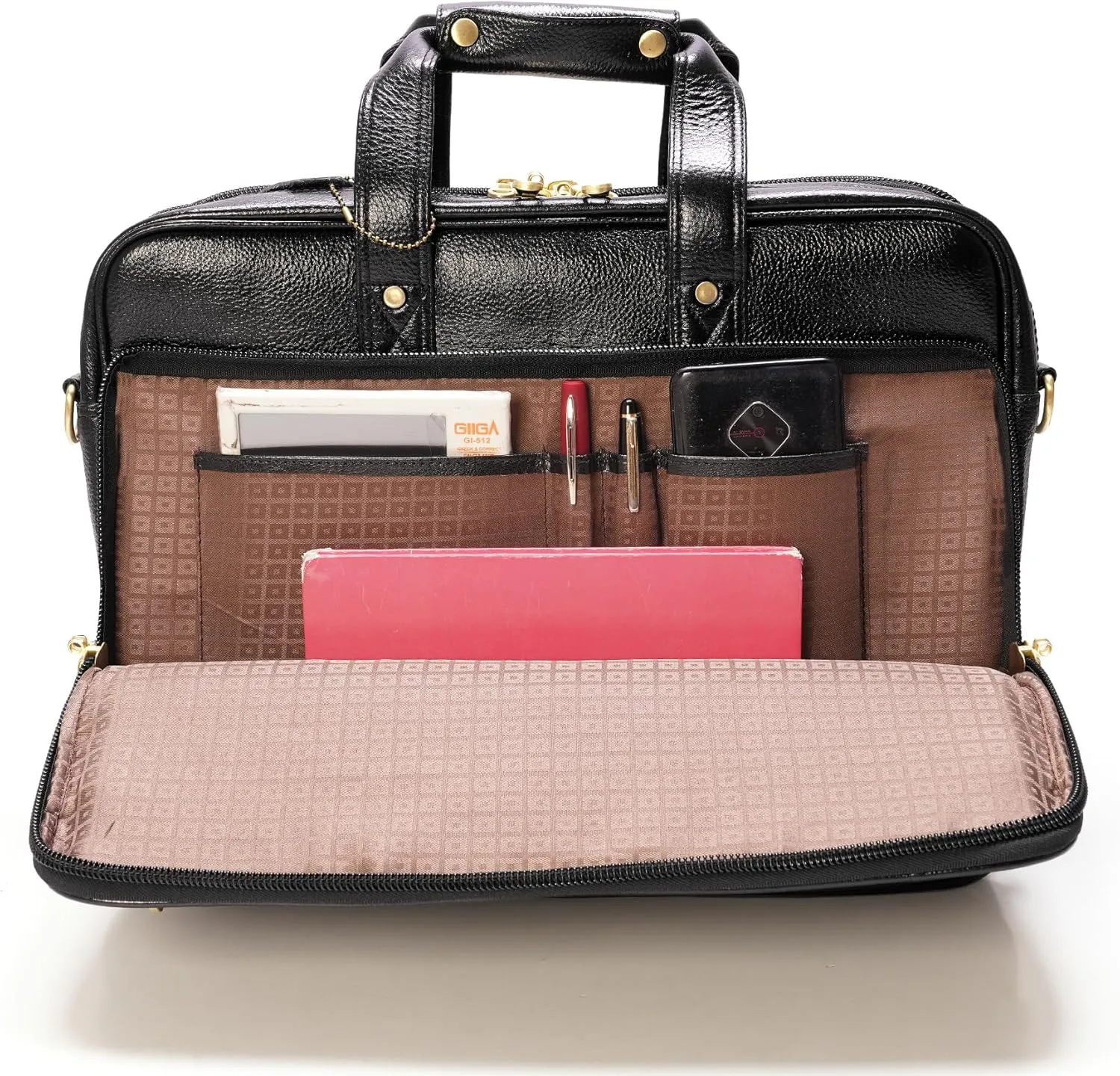 Full Grain Leather Briefcase for Men Top Choice Gifts Laptop Bag Multiple 16'' Compartments Brass Hardware