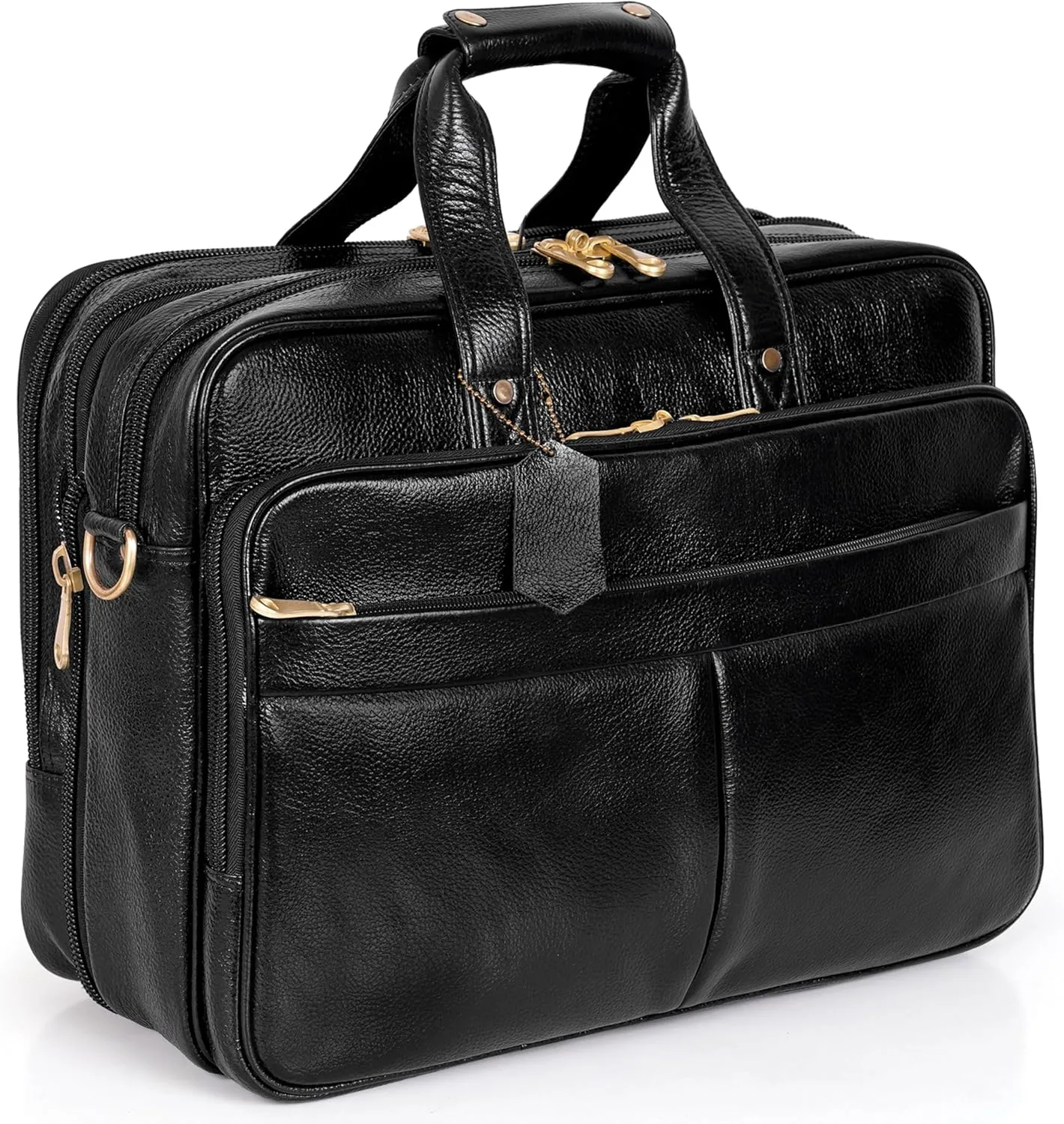 Full Grain Leather Briefcase for Men Top Choice Gifts Laptop Bag Multiple 16'' Compartments Brass Hardware