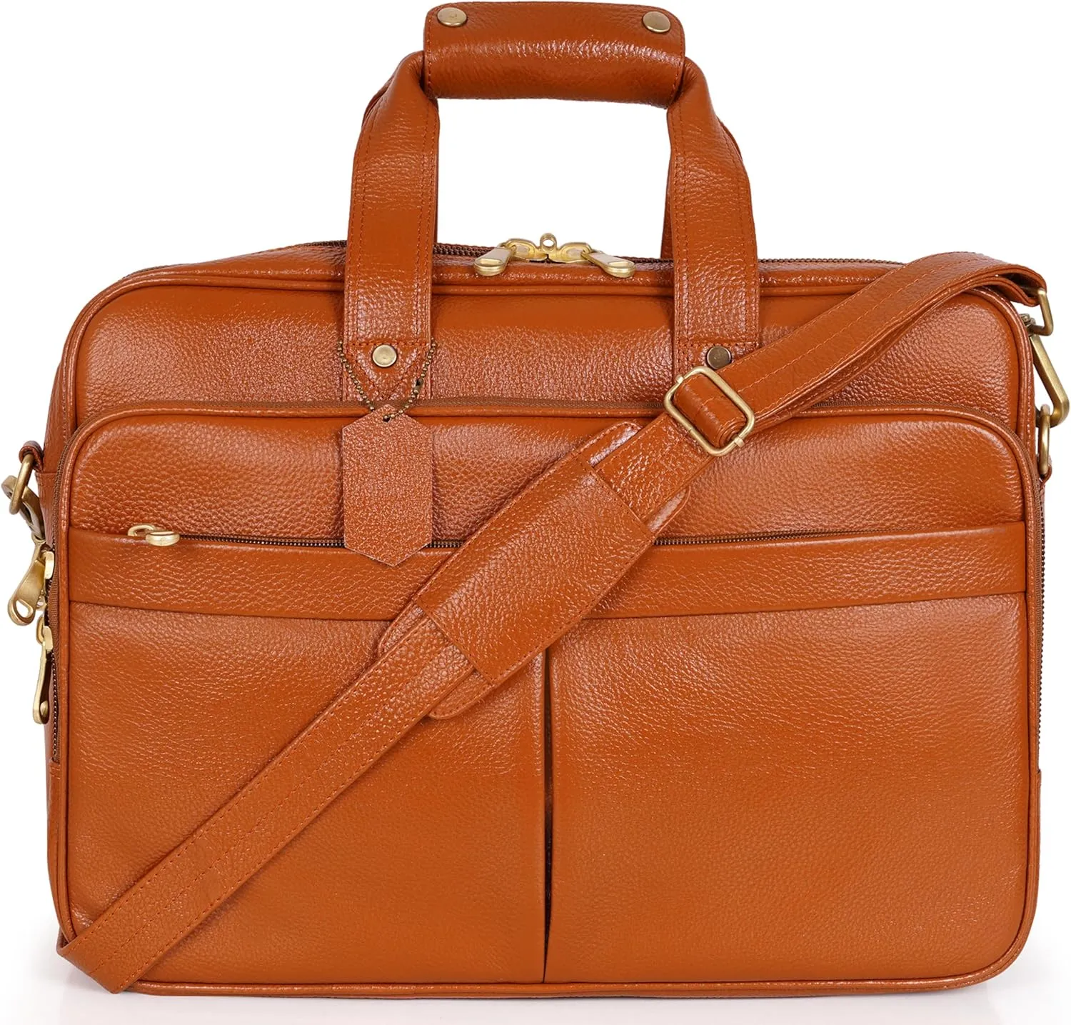 Full Grain Leather Briefcase for Men Top Choice Gifts Laptop Bag Multiple 16'' Compartments Brass Hardware
