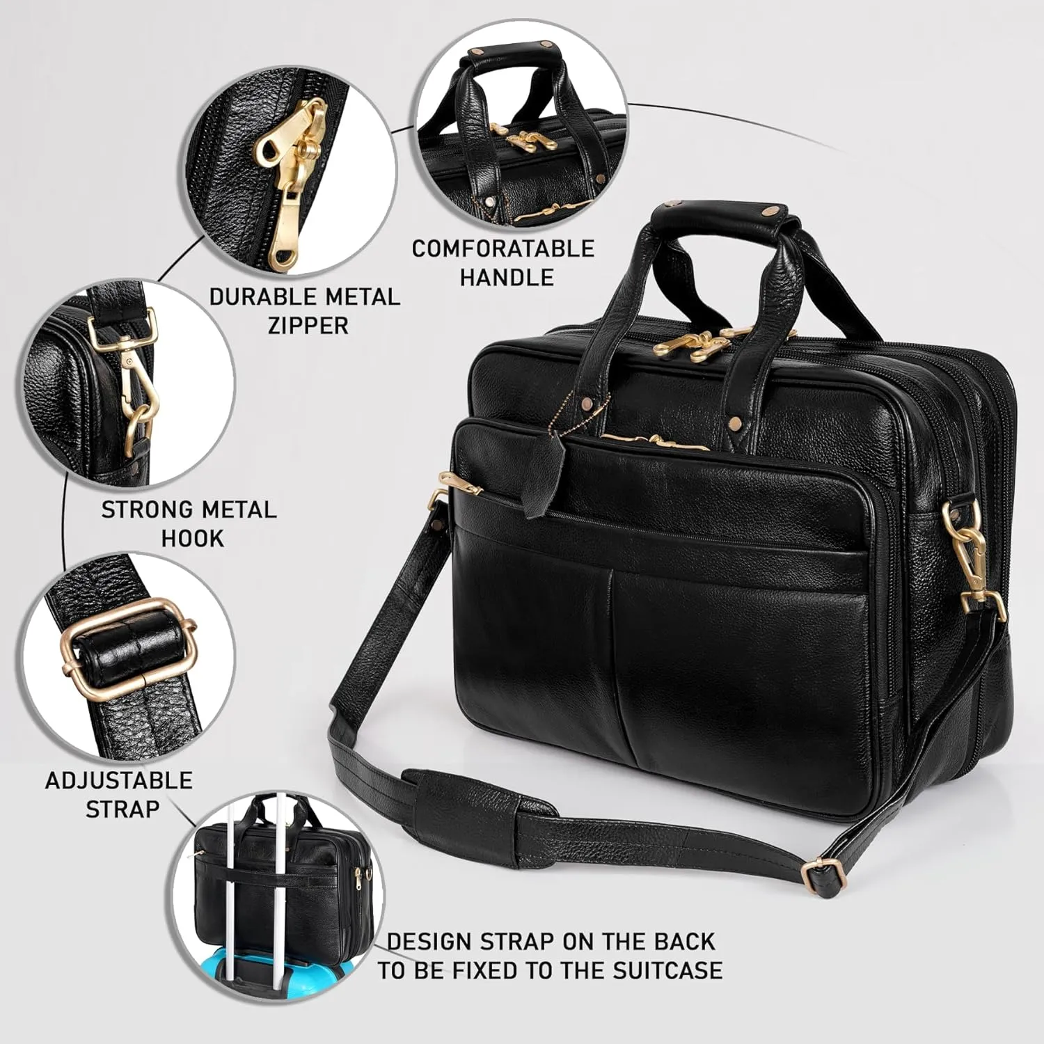 Full Grain Leather Briefcase for Men Top Choice Gifts Laptop Bag Multiple 16'' Compartments Brass Hardware