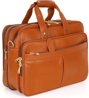 Full Grain Leather Briefcase for Men Top Choice Gifts Laptop Bag Multiple 16'' Compartments Brass Hardware