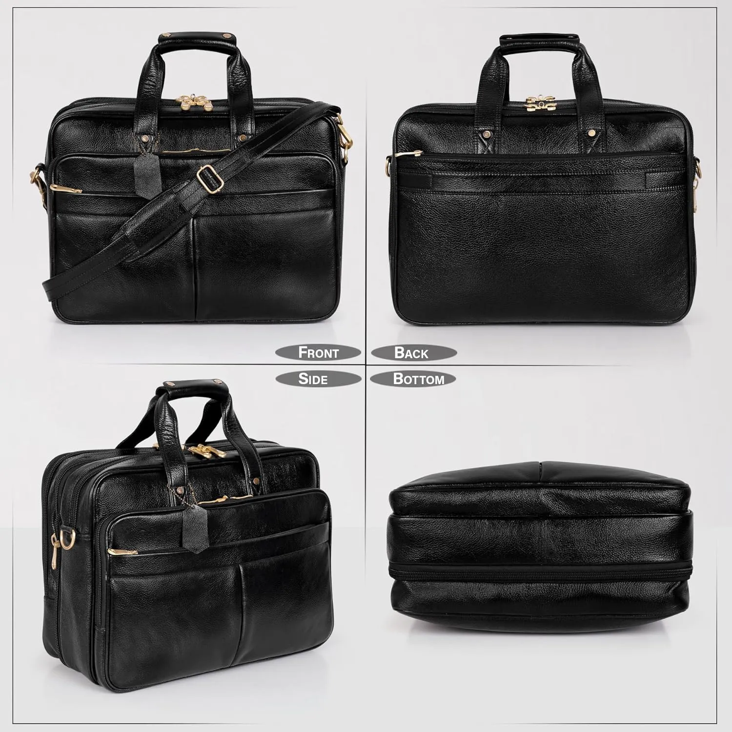 Full Grain Leather Briefcase for Men Top Choice Gifts Laptop Bag Multiple 16'' Compartments Brass Hardware