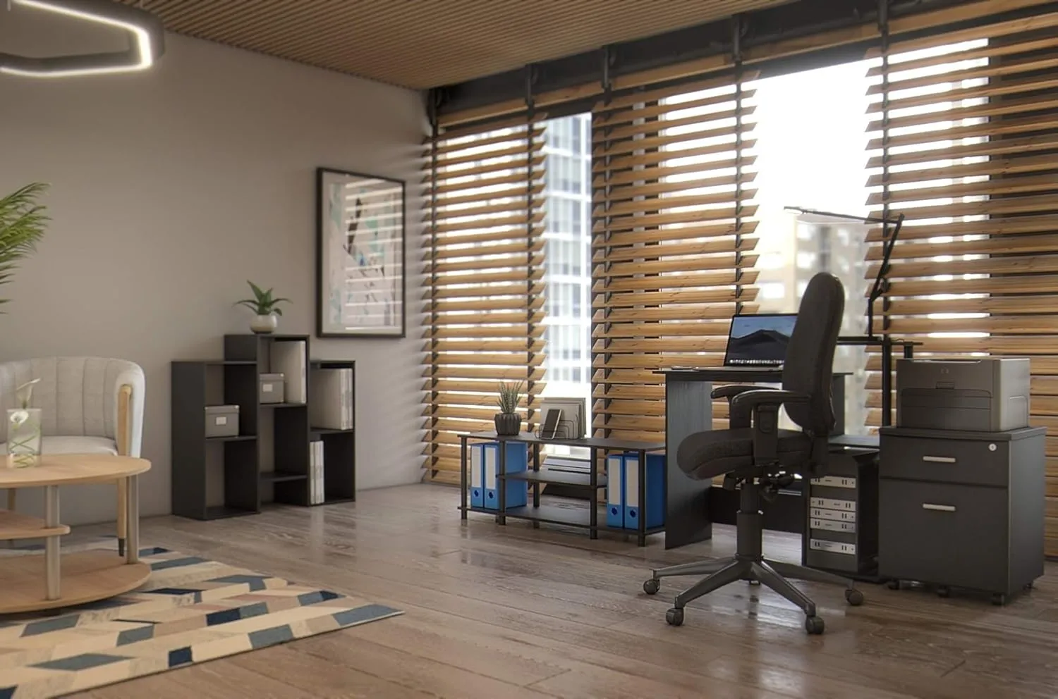 Furinno Efficient Home Laptop Notebook Computer Desk with Square Shelves, Americano/Black