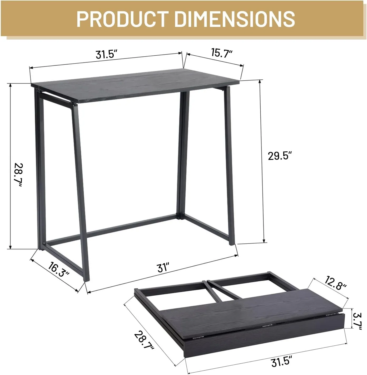FurnitureR Folding Home Office Desk, 31.5 Inches Foldable Table, Space Saving Computer Study Desk Compact Writing Workstation for Small Space, Black