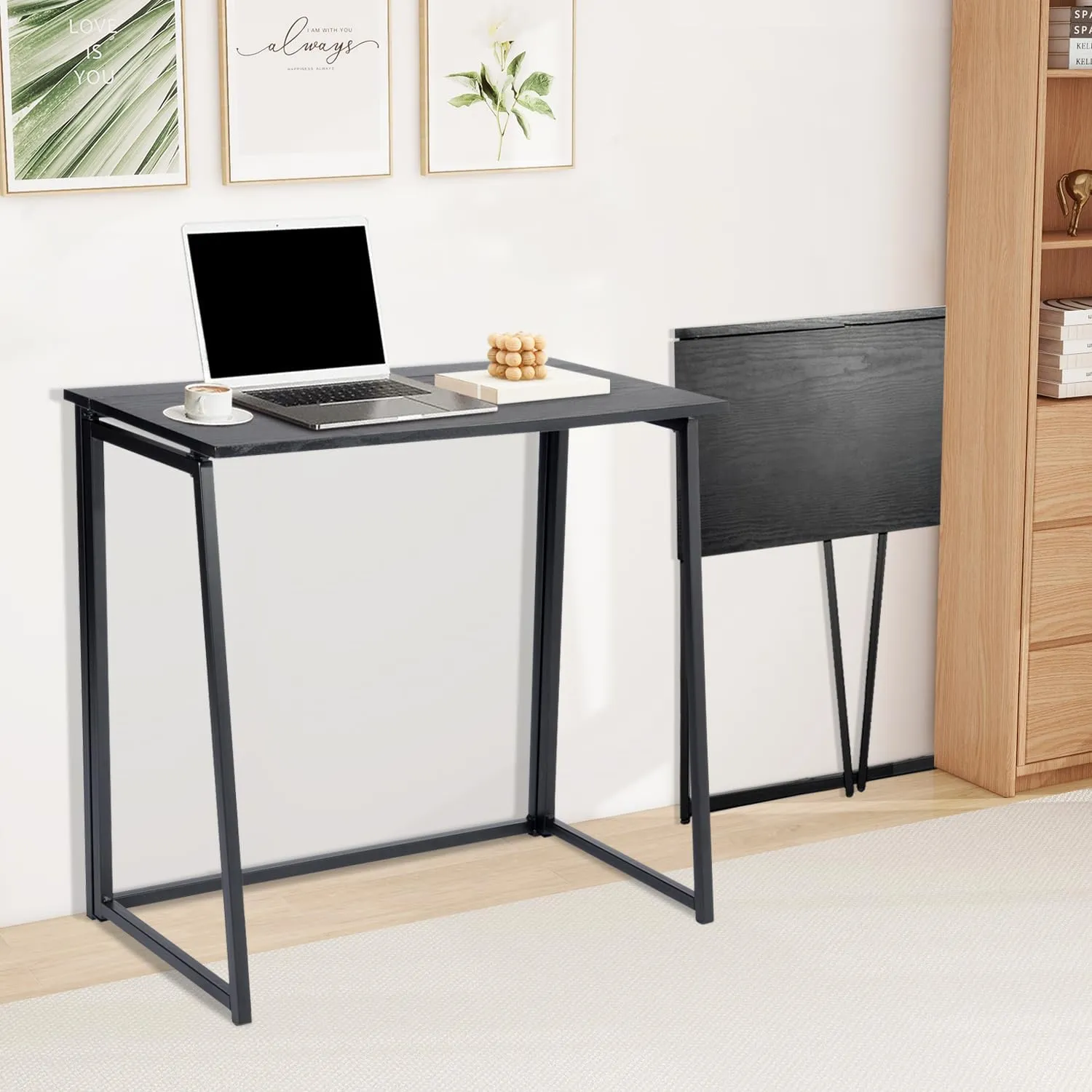 FurnitureR Folding Home Office Desk, 31.5 Inches Foldable Table, Space Saving Computer Study Desk Compact Writing Workstation for Small Space, Black