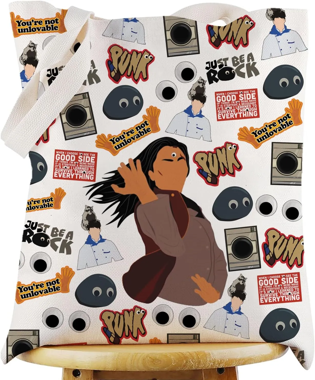 G2TUP Evelyn Canvas Tote Bag Evelyn & Waymond Fans Gift Just Be A Rock Shoulder Bag Googly Eyes Merch